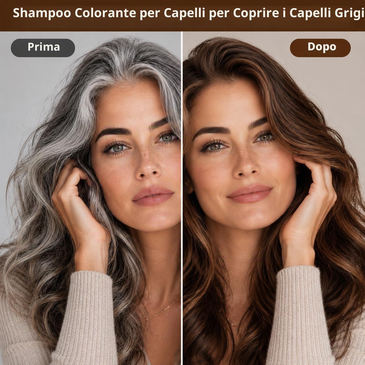 Detalle de Shampoo Colorante Marrone Scuro 500ML per Capelli Bianchi – 3 in 1, effetto naturale e lucentezza