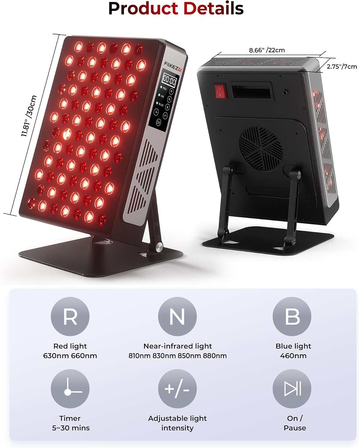 Detalle de FliKEZE Infrarotlampe mit 7 Wellenlängen, 78 LEDs (Tri- & Quad-Chip) und verstellbarem Ständer – Rotlichttherapie Panel