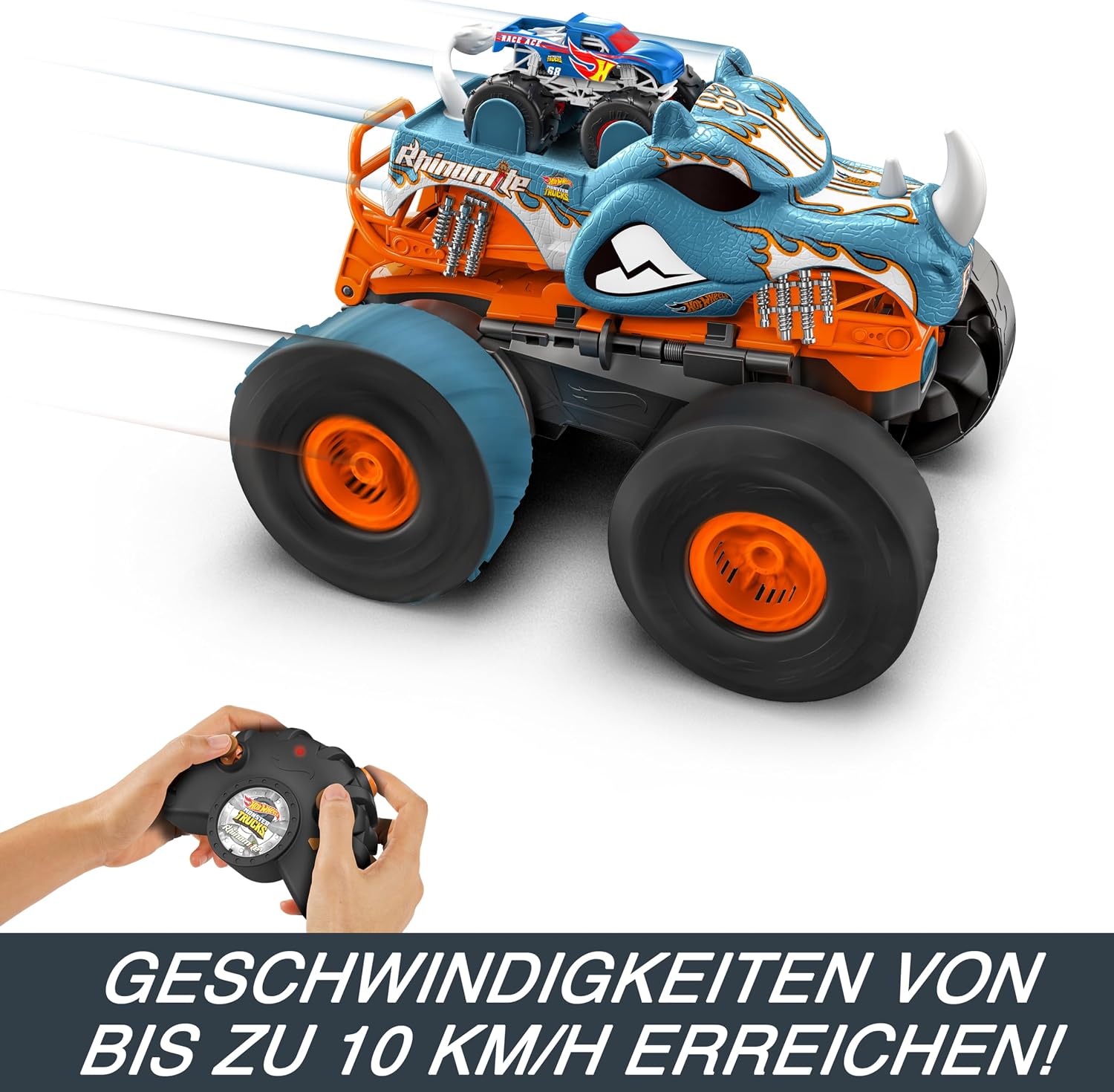 Detalle de Hot Wheels Monster Trucks: Rhinomite 1:12 Umbau zum 1:64 Starter mit Race Ace – HPK27