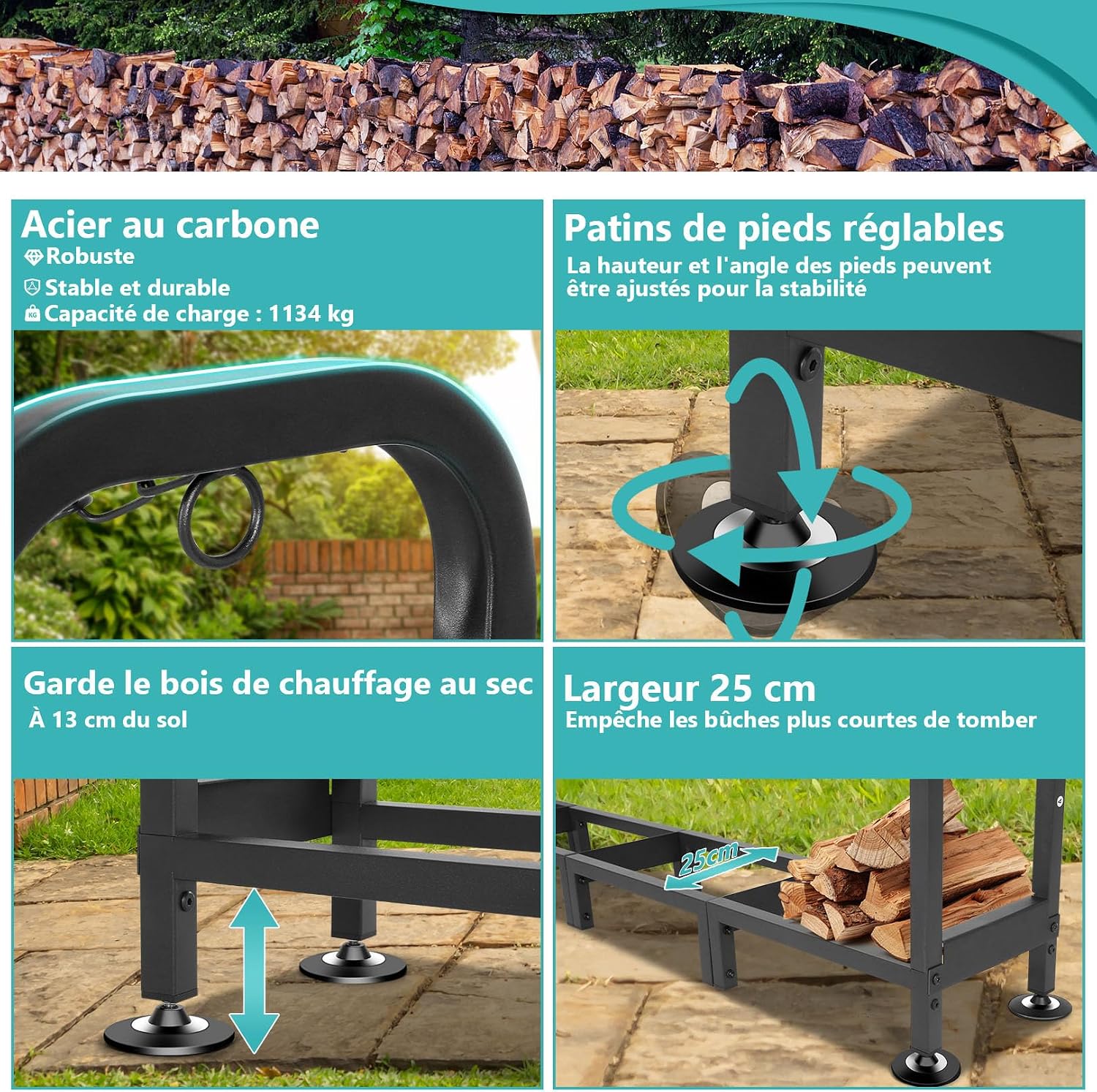 Detalle de Himimi Porte-Bûches Extérieur Réglable avec Abri Bois de Chauffage — 235 x 25 x 116 cm, Capacité 1,2 m³ / 1,4 SRM