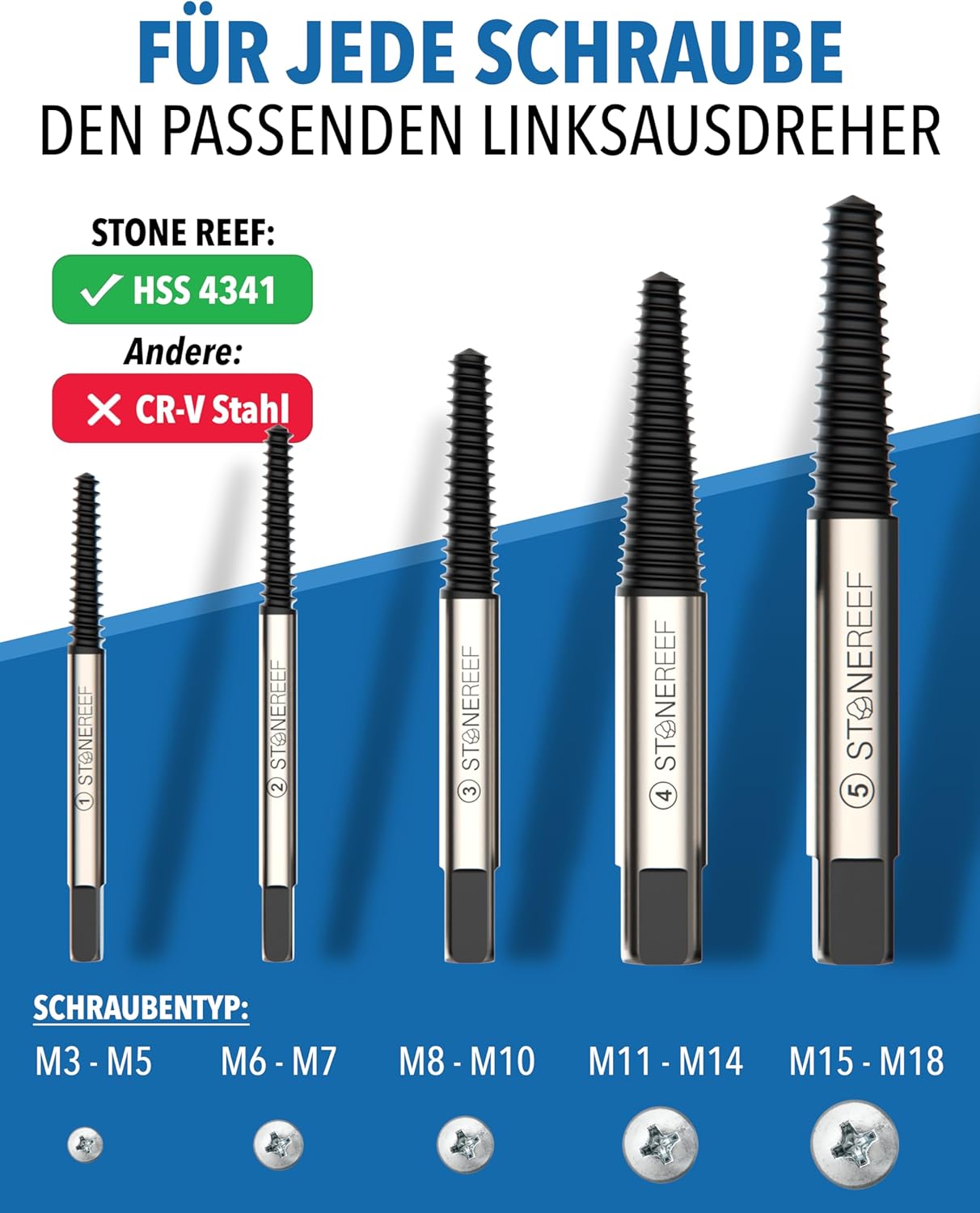 Thumbnail 1 de STONE REEF Schraubenausdreher-Set Profi (5-teilig, aus HSS 4341) mit Linksgewinde