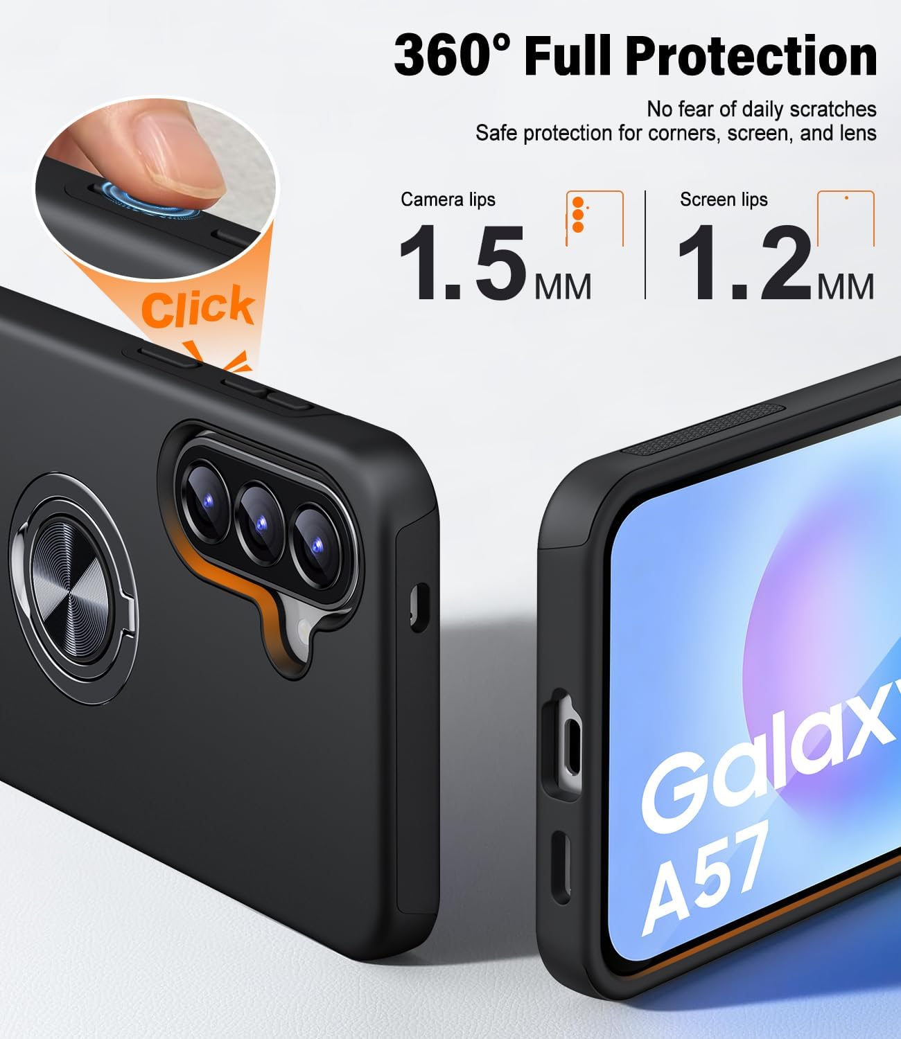 Thumbnail 4 de AOUIA case for Samsung Galaxy A57 5G with 2-pack screen protector, 360° rotating ring kickstand – Black