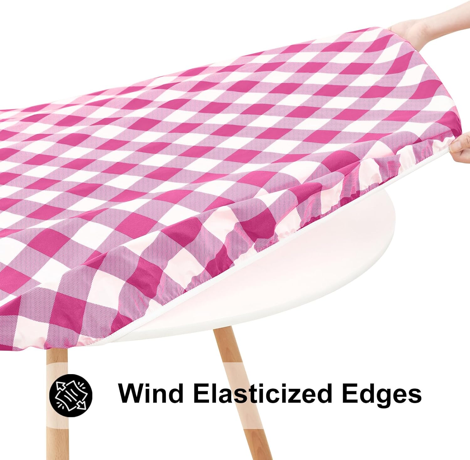 Thumbnail 1 de Smiry Round Picnic Tablecloth — Elastic Waterproof Fitted Vinyl with Flannel Back, Buffalo Plaid (White & Hot Pink), 45-56 inch Tables