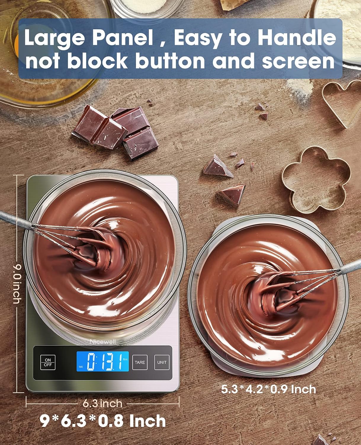 Detalle de Nicewell 22lb Digital Kitchen Scale with Tare, Backlit LCD, 1g/0.1oz, Stainless Steel & Tempered Glass