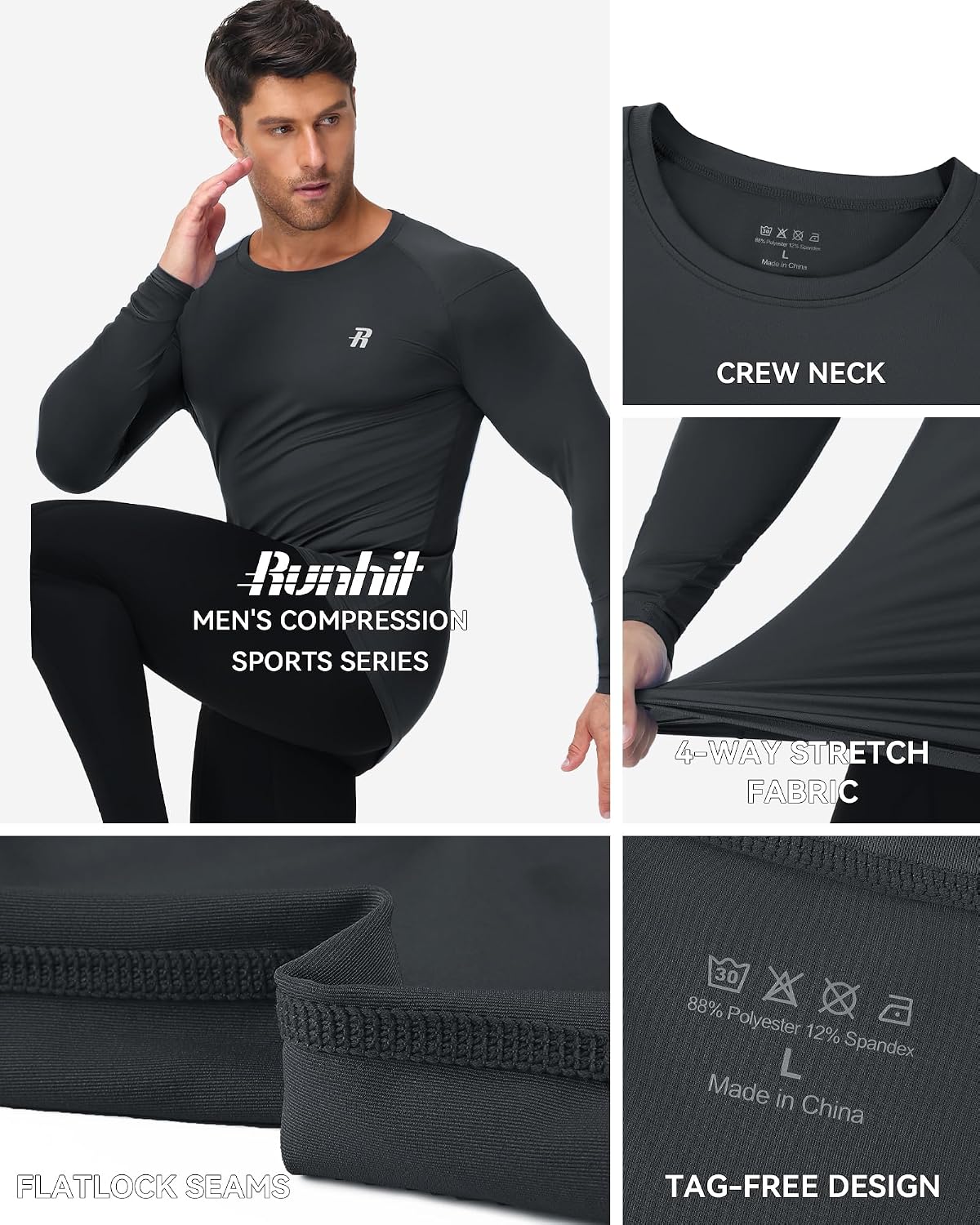 Detalle 2 de Runhit Men’s Compression Base Layer Long Sleeve Top (UPF 50+ Quick Dry)