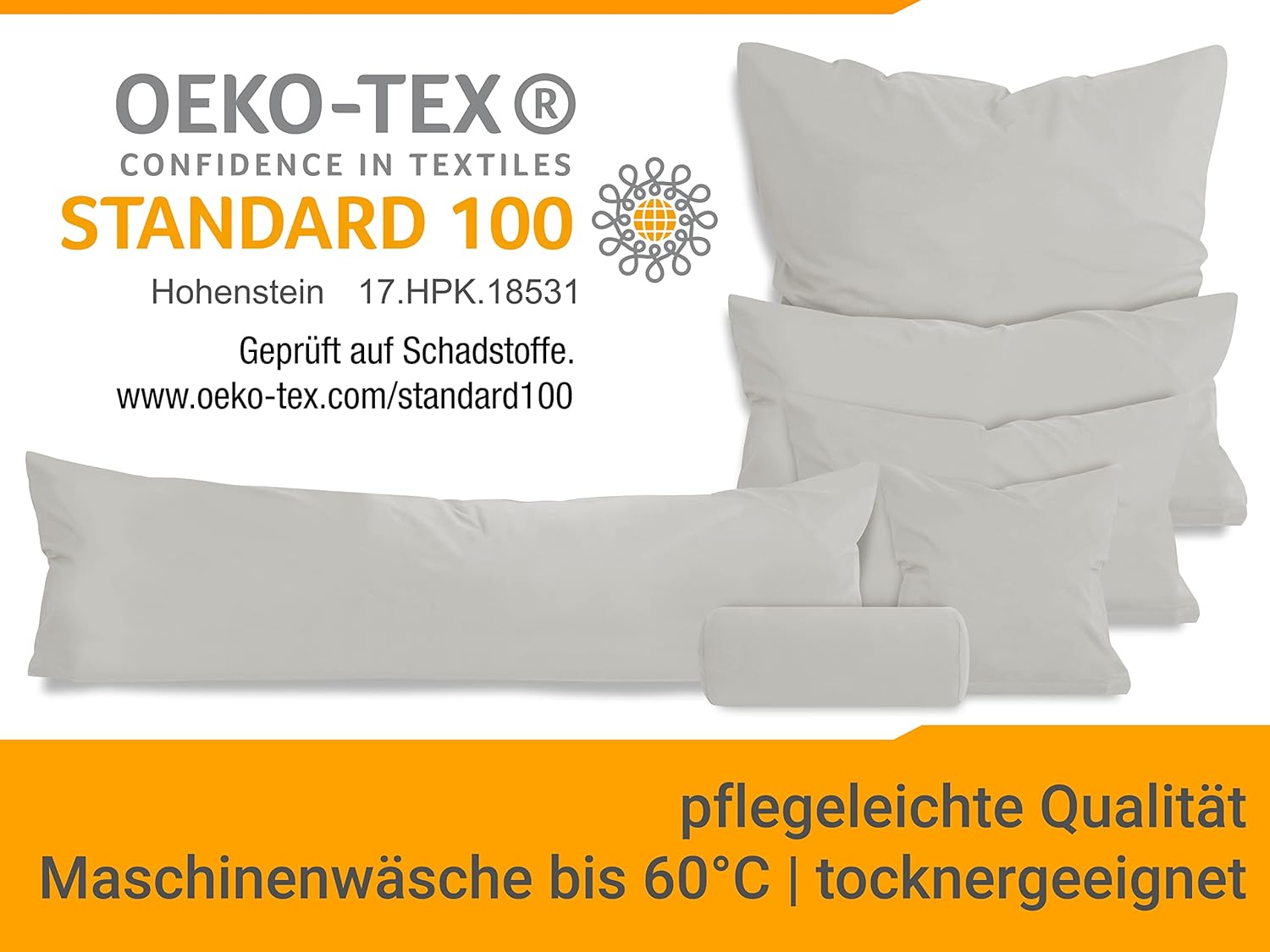 Thumbnail 5 de npluseins Lot de 2 Housse de Coussin pour traversin 40x40 cm – Jersey coton certifié Oeko-Tex, Silber