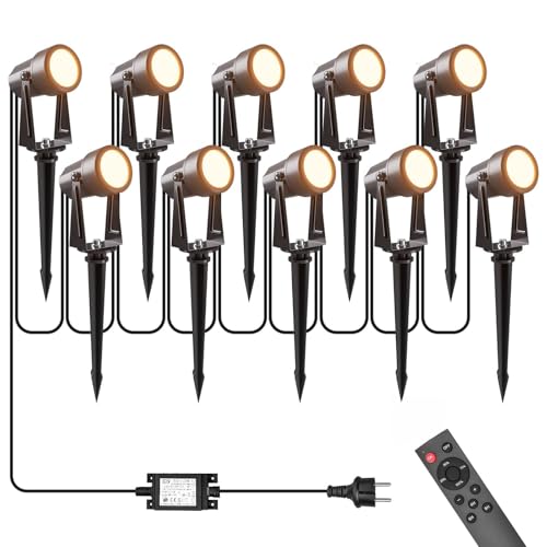 Detalle de LONIUTO Faretti da giardino 35 m con telecomando e timer, 10 pezzi 3W, LED COB 3000K, IP65 – illuminazione esterna regolabile