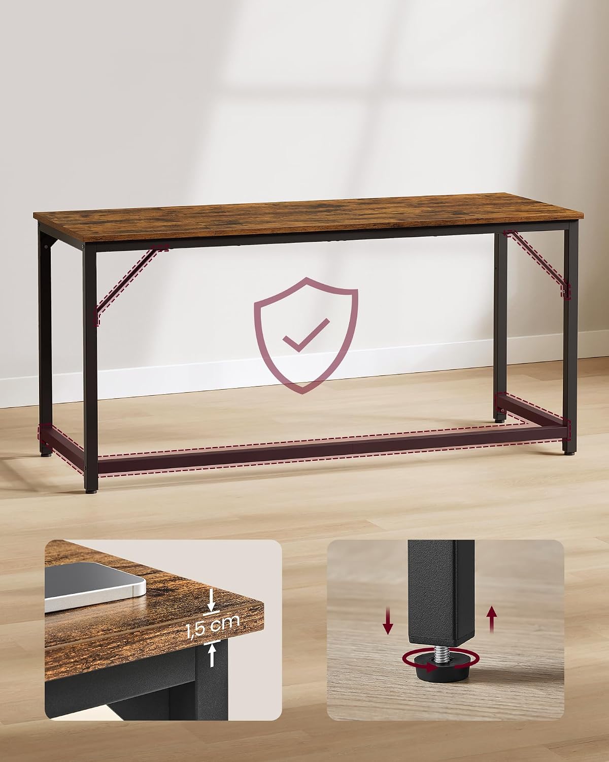 Detalle 2 de VASAGLE LWD121K01 Desk, 160 x 60 cm, Steel Frame, Rustic Brown and Black