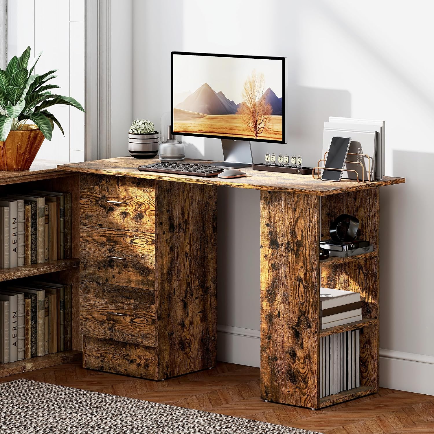 Thumbnail 6 de HOMCOM Computer Desk with Drawers (120 x 49 x 72 cm) in Rustic Brown