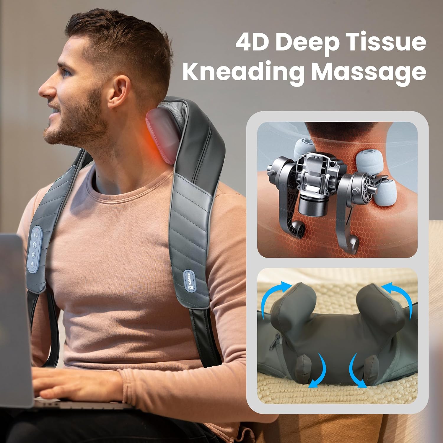 Detalle 2 de COMFIER Masajeador de Cuello Shiatsu Inalámbrico 4D con Calor 💆