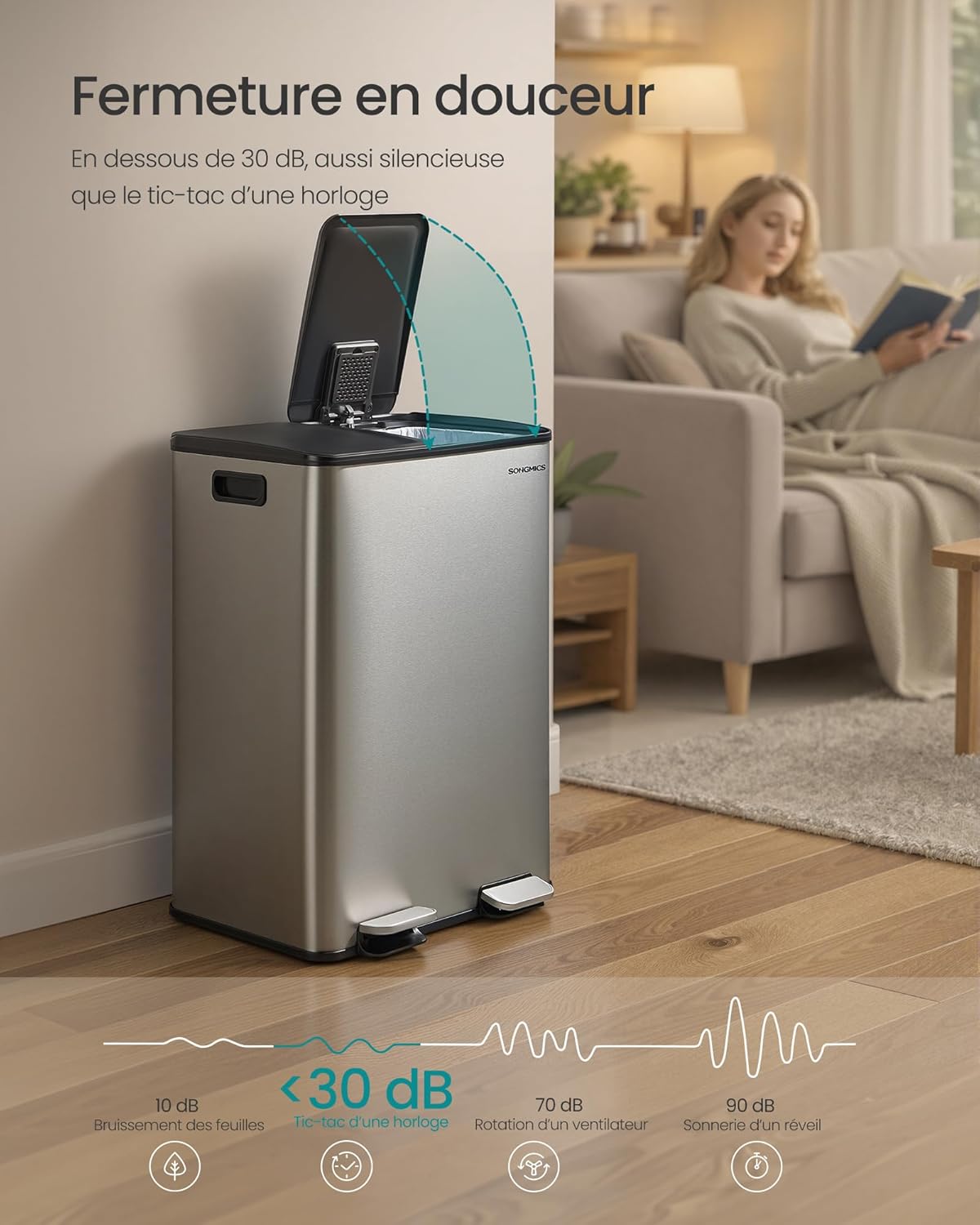 Thumbnail 5 de Songmics Poubelle de cuisine à pédale double compartiment 2 x 30 L (crème) LTB741AZ02