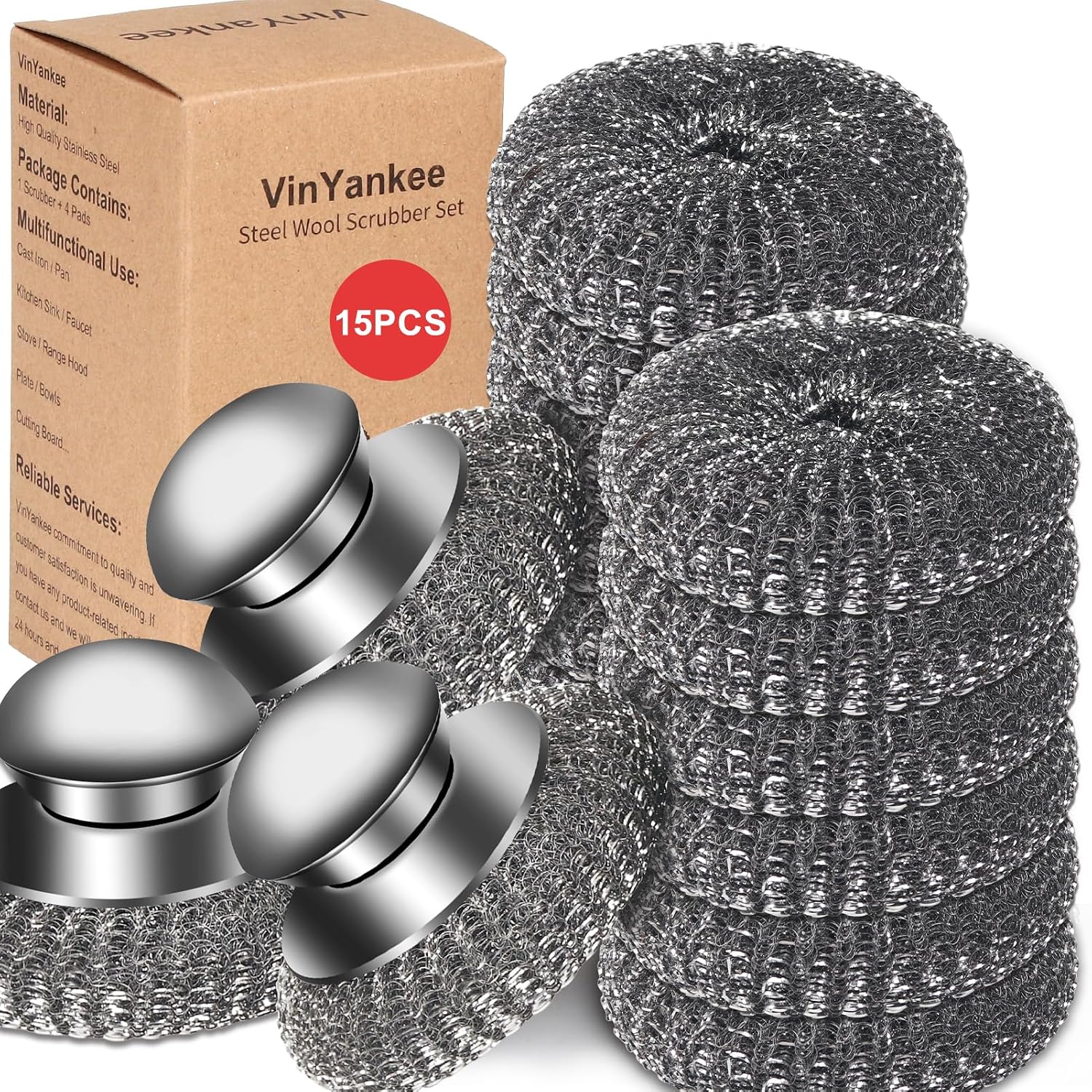 Thumbnail 6 de 5Pcs Steel Wool Scrubber with Replacement Pads Set — Stainless Steel Scrubber with Handle for Tough Grime
