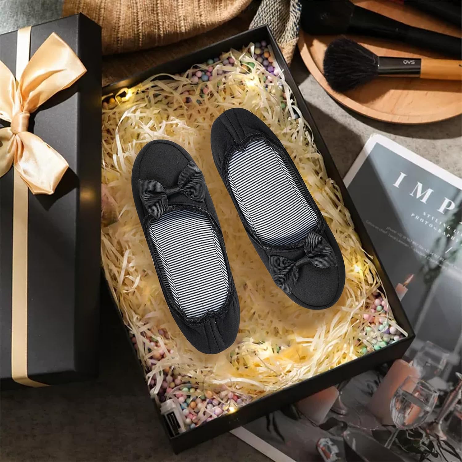 Detalle 2 de OFFCUP Women's Fuzzy Ballerina Slippers with Memory Foam, Bow and Rubber Sole