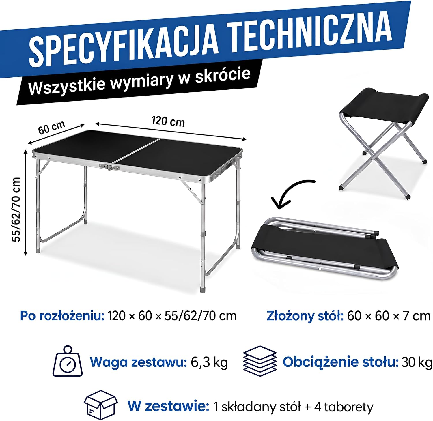 Detalle de GOODS+GADGETS 3541824 – składany stół aluminiowy 120 × 60 cm, 3 wysokości