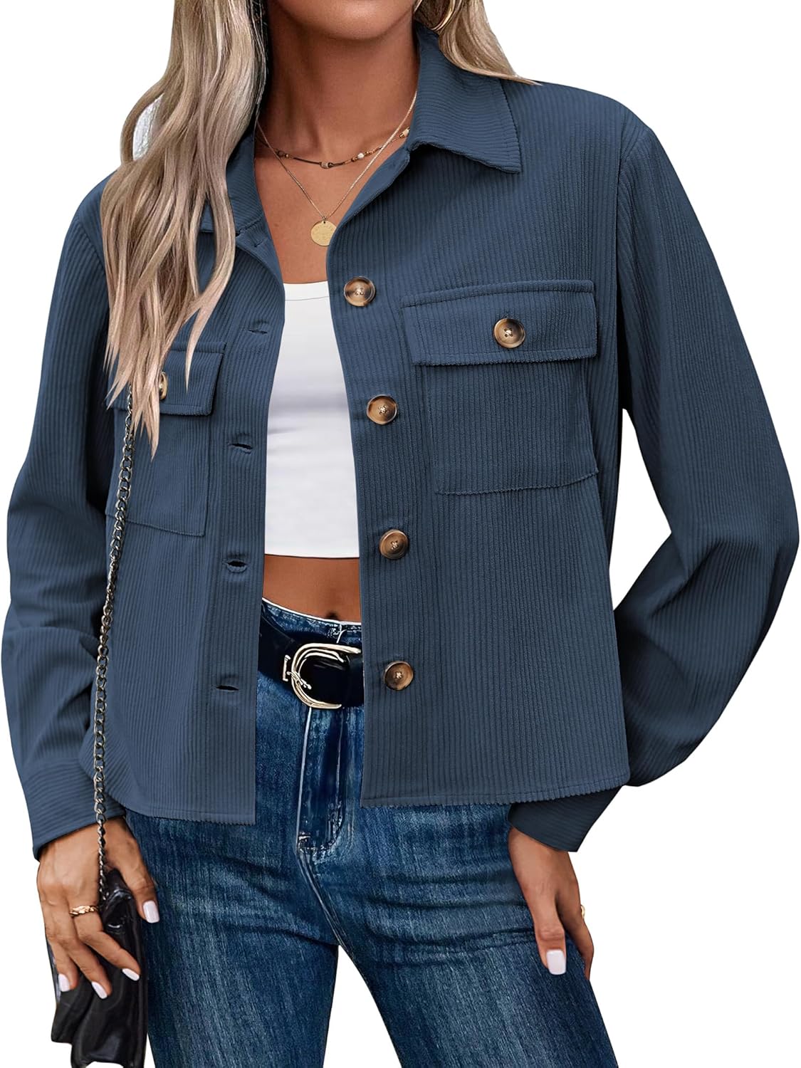 Thumbnail 5 de Hotouch Cordjacke Damen Button Down Blouson – kurze, elegante Baumwollcord-Jacke mit Taschen