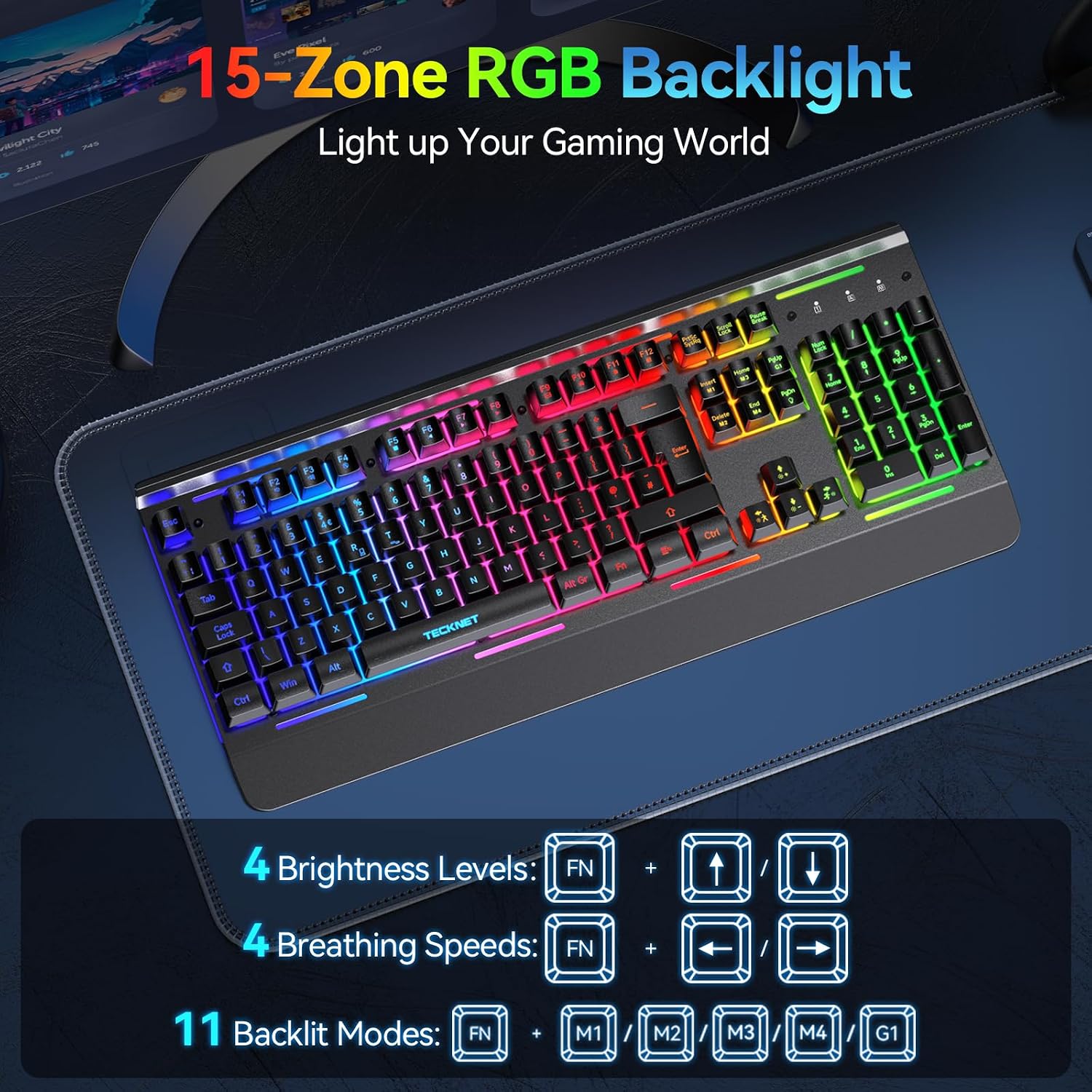Detalle 2 de TECKNET Wireless Gaming Keyboard with 2.4G + Wired Connectivity, 15-Zone RGB, 4000mAh Battery