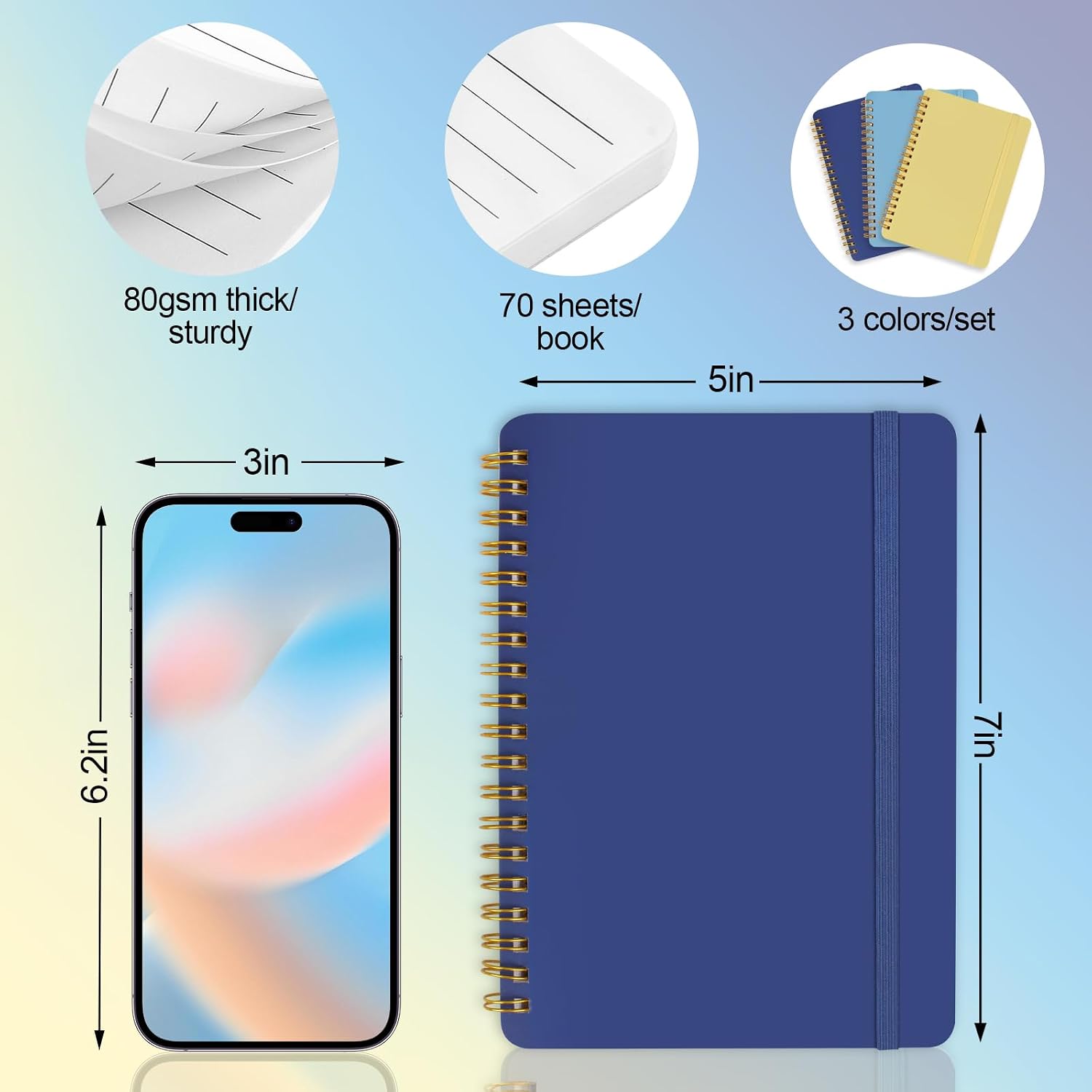 Detalle 2 de Utron 5x7 Spiral Notebooks, 3-Pack with College-Ruled Pages and Elastic Straps