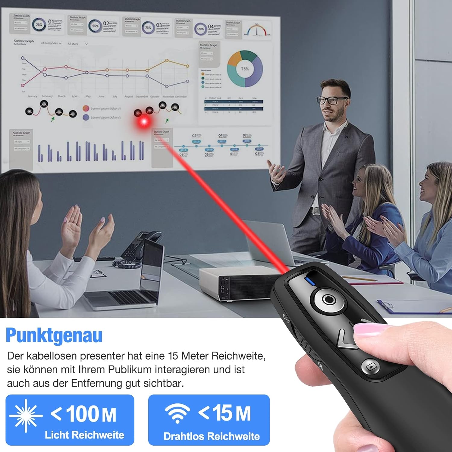 Detalle de Presenter USB C – Kabellose Presenter Fernbedienung mit 2,4 GHz, USB A & USB C Empfänger, Roter Pointer