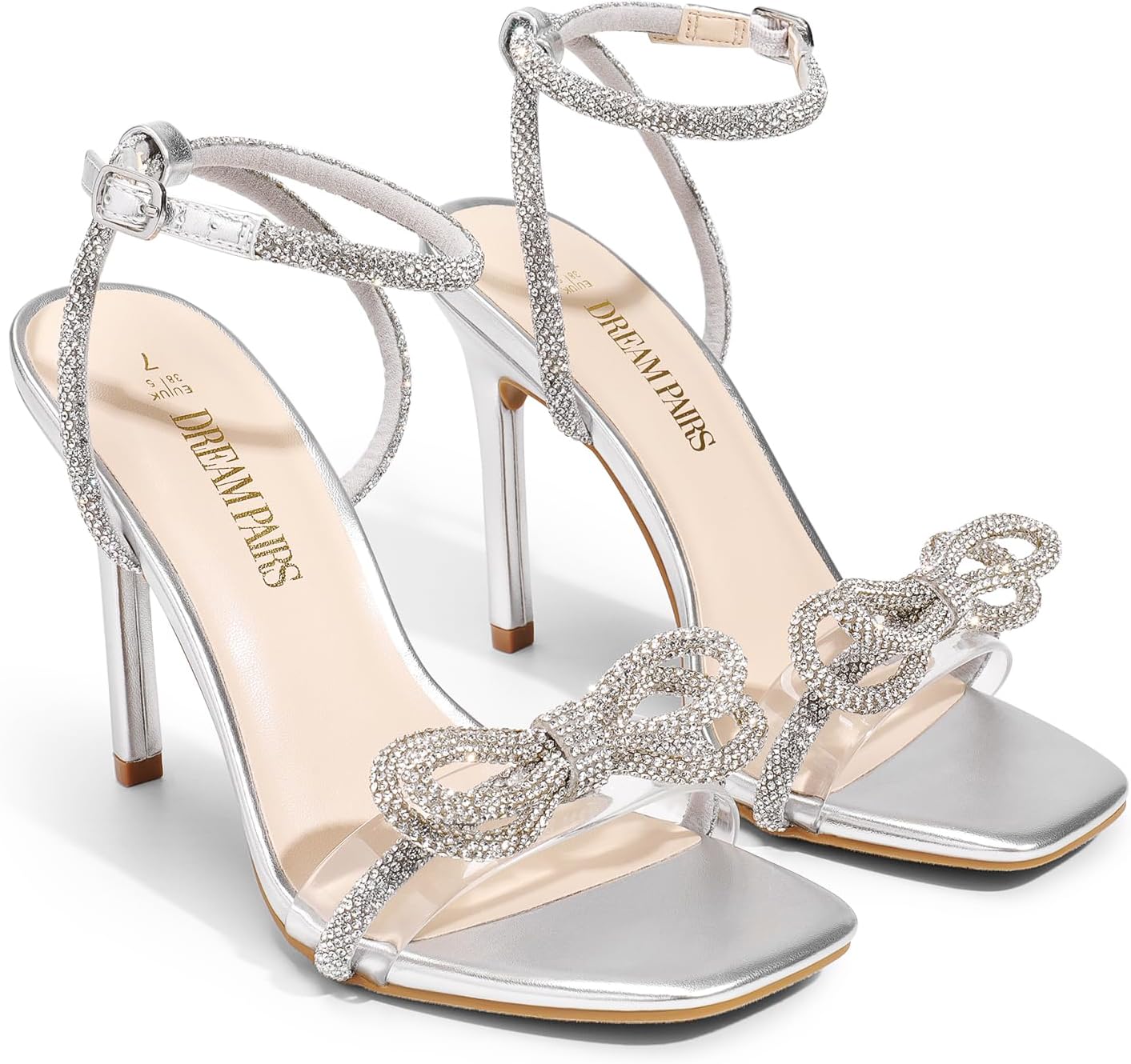 Thumbnail 3 de DREAM PAIRS Double Bowknots Crystal Slingback Heels - Square Toe, 3.94-Inch Stiletto