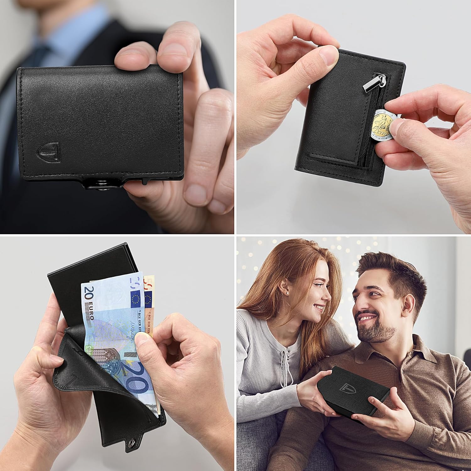 Thumbnail 6 de TEEHON Porta Carte di Credito da Uomo e Donna – Portafoglio Slim RFID con ZIP, Ecopelle e Confezione Regalo Nera