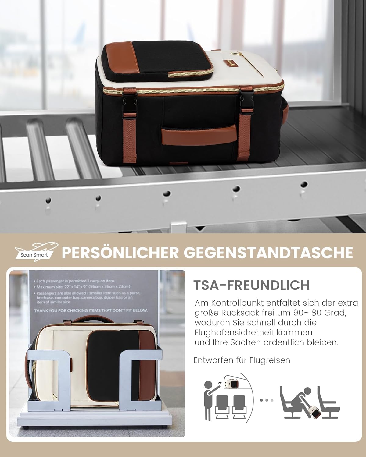 Detalle de LOVEVOOK Ryanair Handgepäck 40x30x20 cm – 24 L Reiserucksack für Damen, Cabin Bag passend zu Ryanair, Wizz Air & Eurowings
