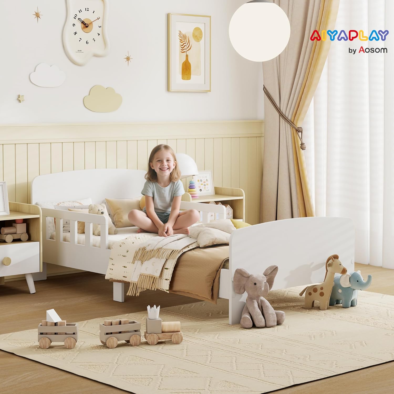 Thumbnail 1 de AIYAPLAY Lit Enfant au Sol avec Barrières et Cadre Robuste – 140 x 70 cm, Blanc