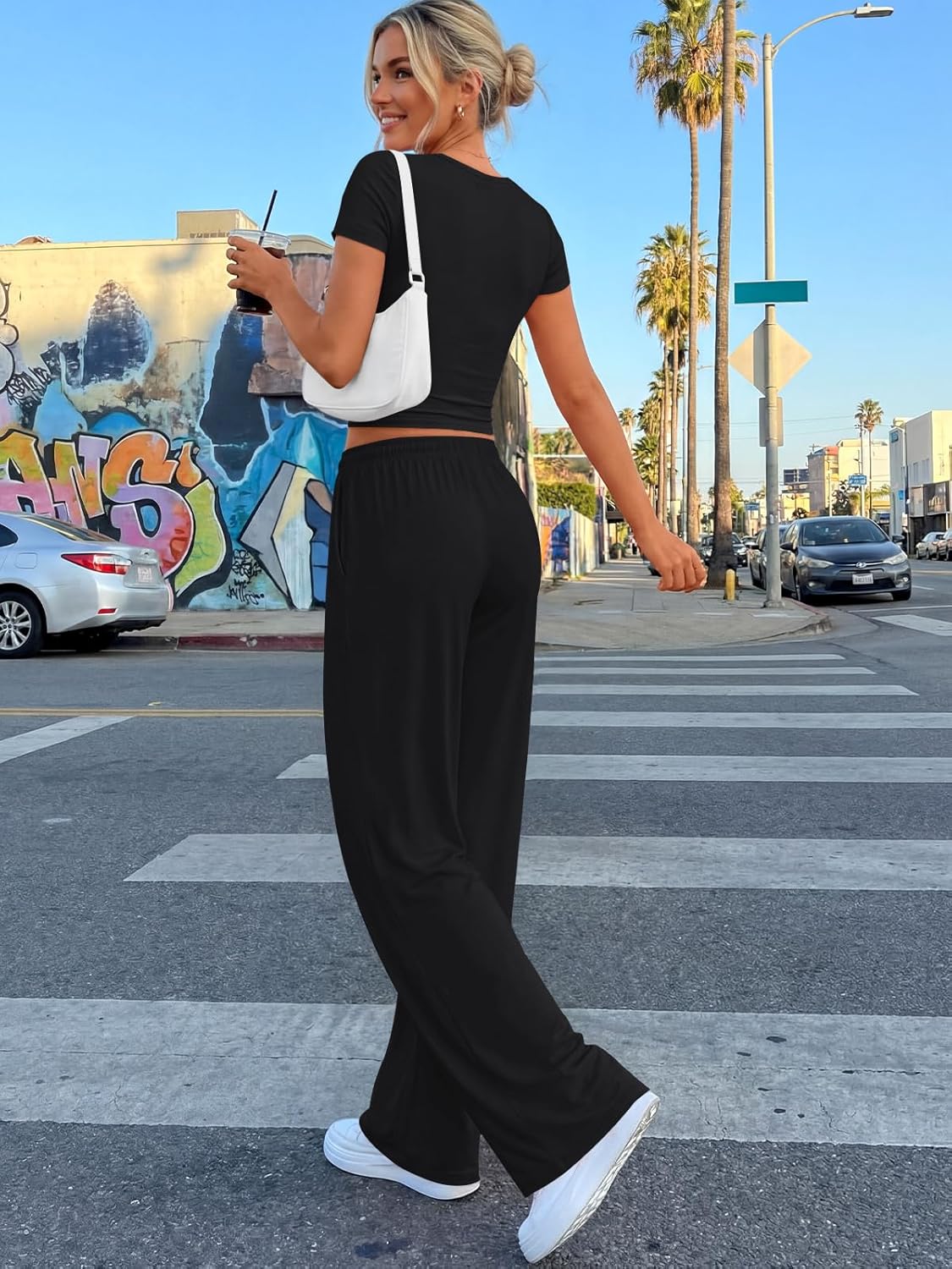 Thumbnail 3 de Trendy Queen 2 Piece Matching Summer Lounge Set: Side Ruching Top + Wide-Leg Pants