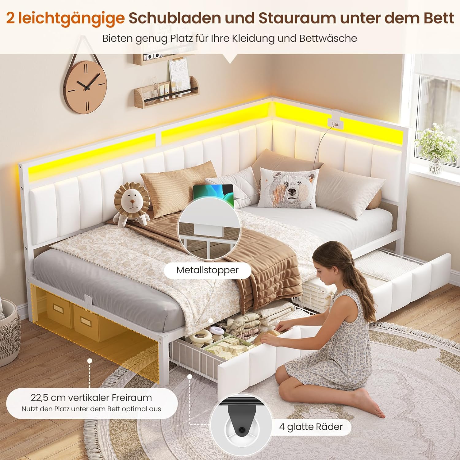 Thumbnail 6 de DICTAC Jugendbett 90x200 mit LED-Beleuchtung und USB-Ladestation – Schlafsofa, Eckdesign aus Metall mit zwei Schubladen