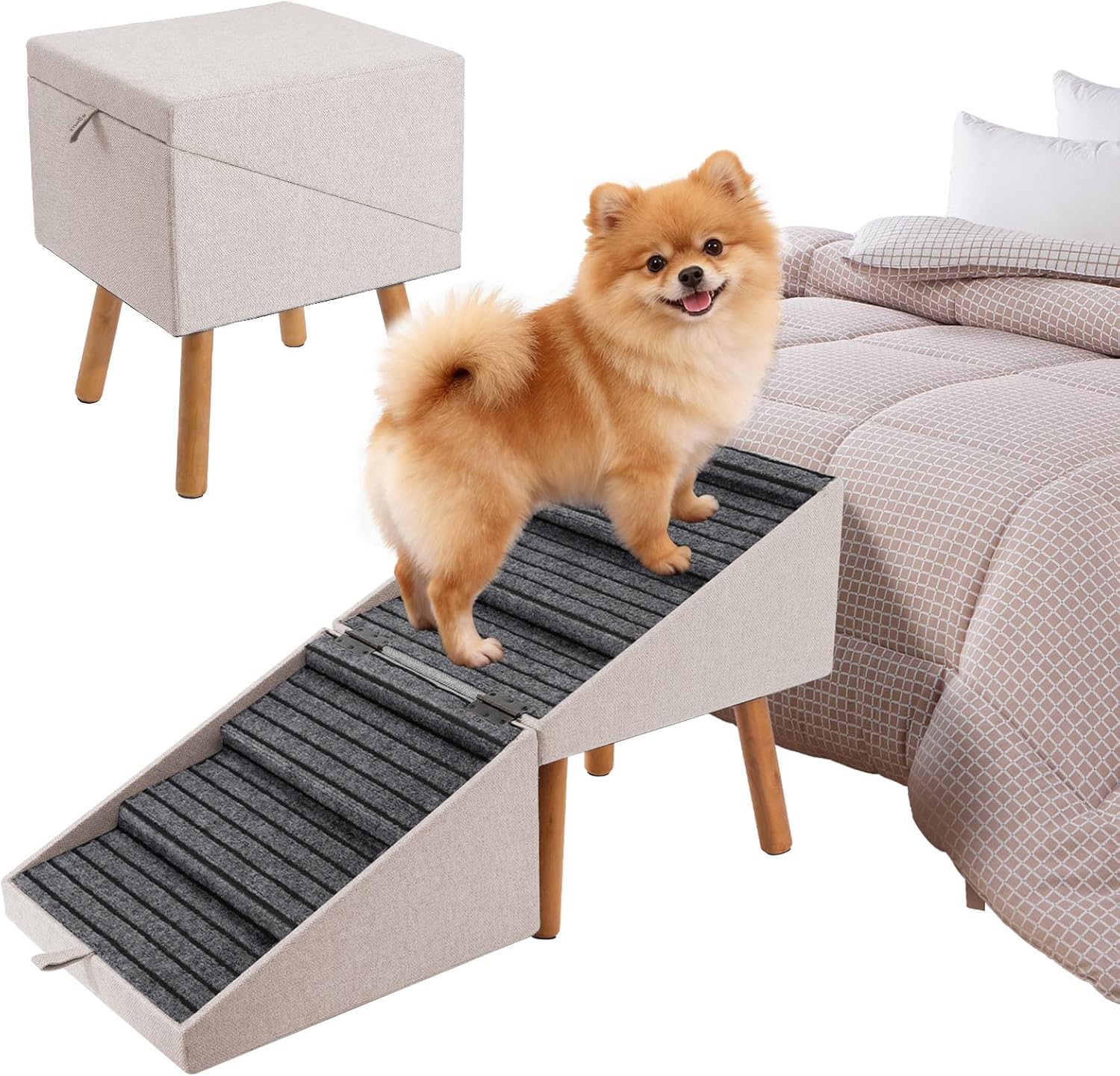Detalle de Hunderampe für Bett und Couch – 2-in-1 Holztreppe und Ottomane für kleine bis große Hunde (Aprikose, 53,5 cm hoch)