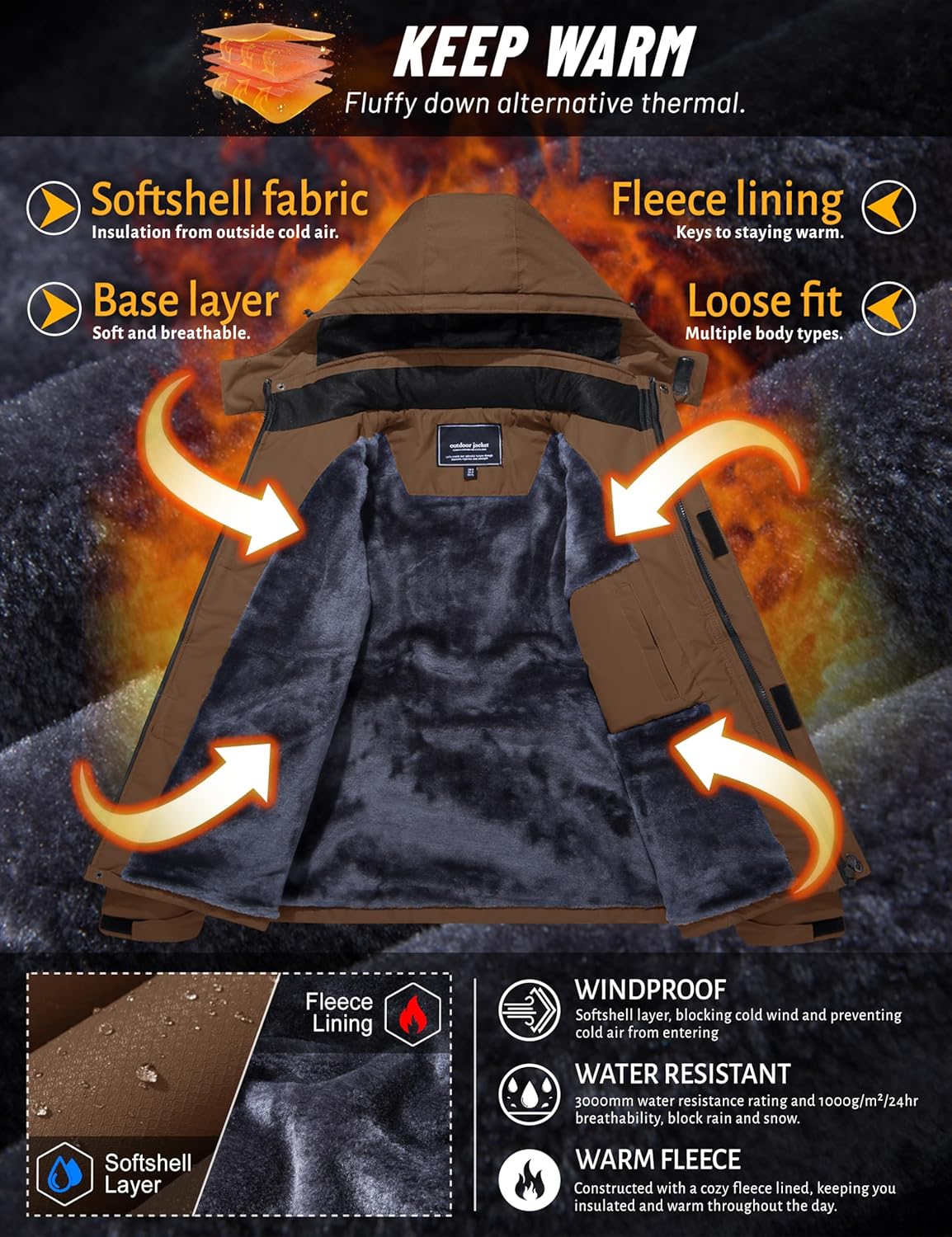 Thumbnail 2 de TACVASEN Men’s Winter Skiing Jacket with Hood, Water-Resistant Fleece Insulation