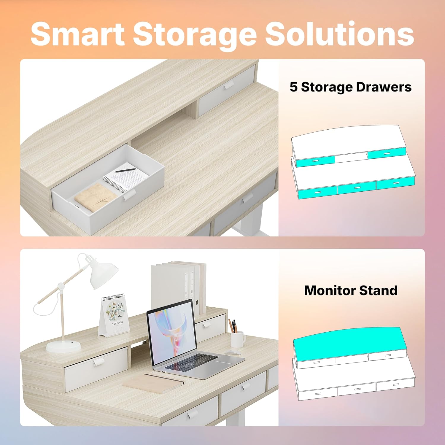 Thumbnail 3 de HUANUO 100 x 60cm Small Standing Desk with Drawers