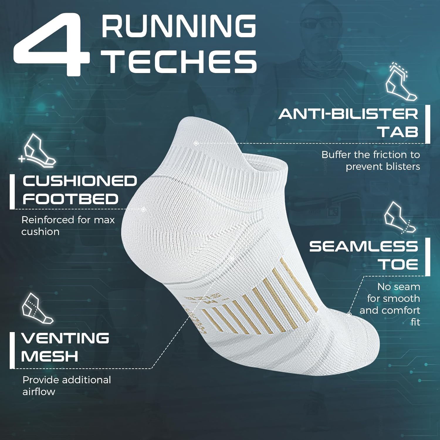 Thumbnail 4 de Coolmax Anti-Blister Cushioned Running Socks with Ankle Compression (3 Pairs) for Women and Men