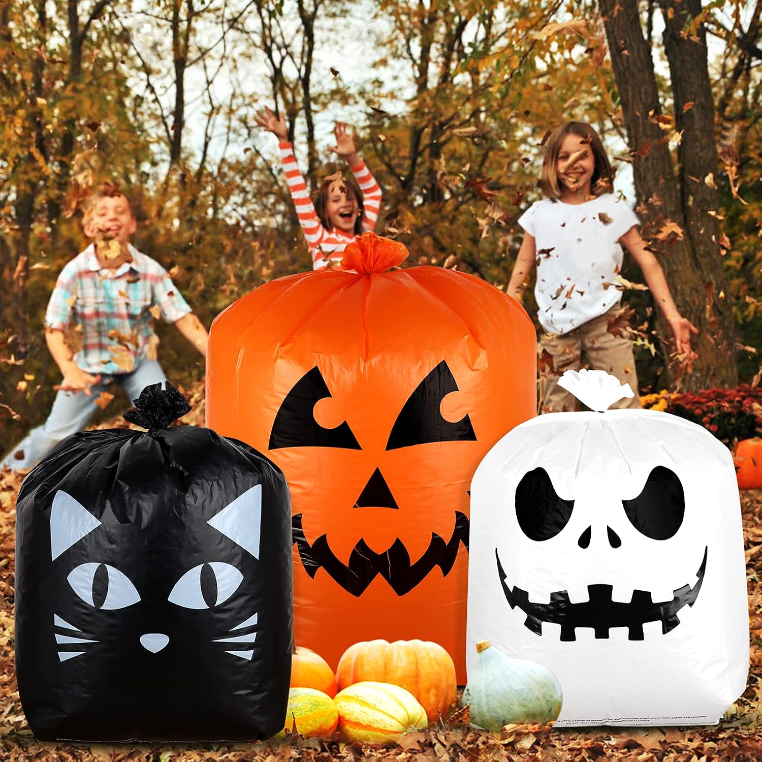 Detalle 2 de Giiffu 9-Pack Halloween Leaf Lawn Bags with Twist Ties, Pumpkin, Cat and Ghost Designs