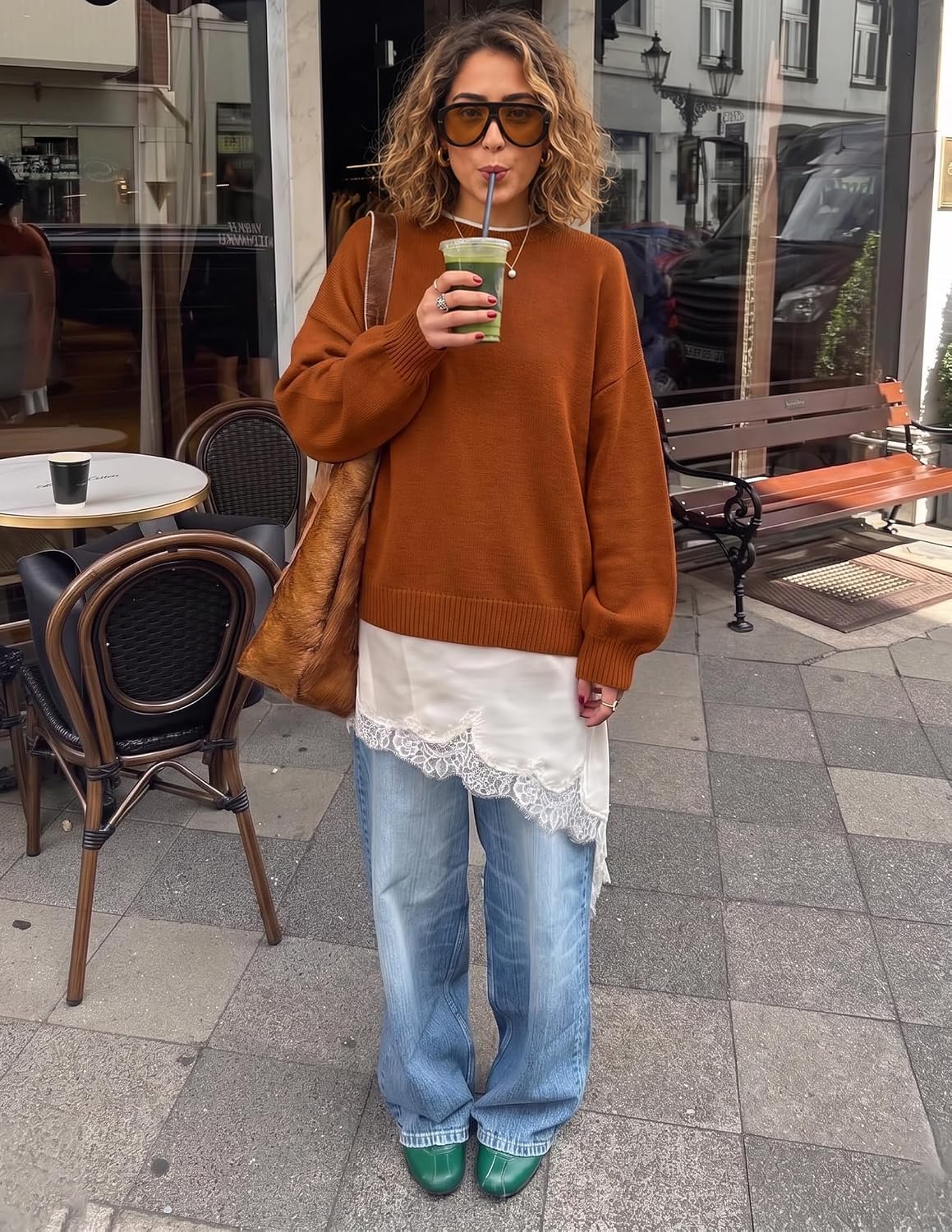 Detalle de ZESICA Oversized Women's Crewneck Sweater with Lantern Sleeves and Contrast Trim