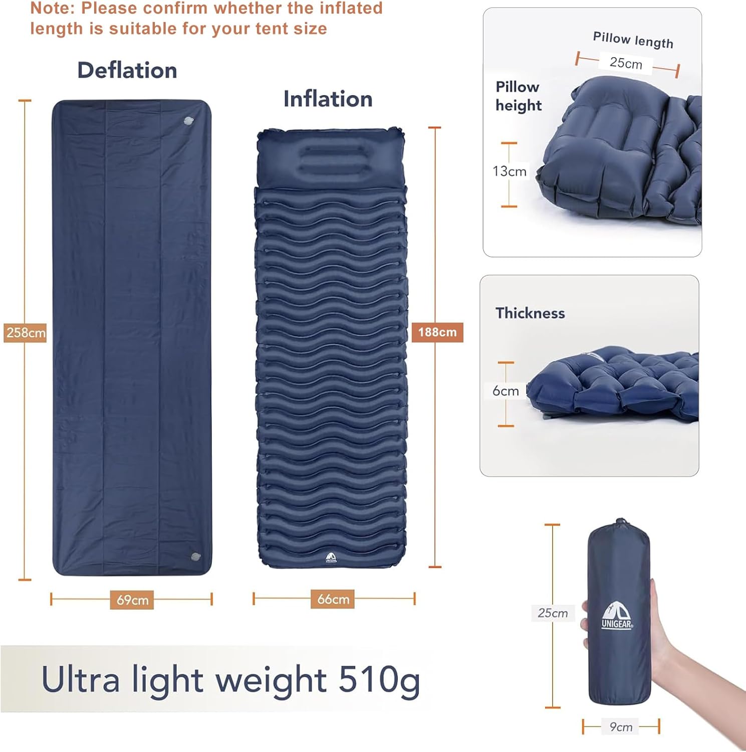 Detalle de Unigear Materassino da Campeggio gonfiabile ultraleggero in nylon 40D e TPU per trekking, zaino in spalla e campeggio