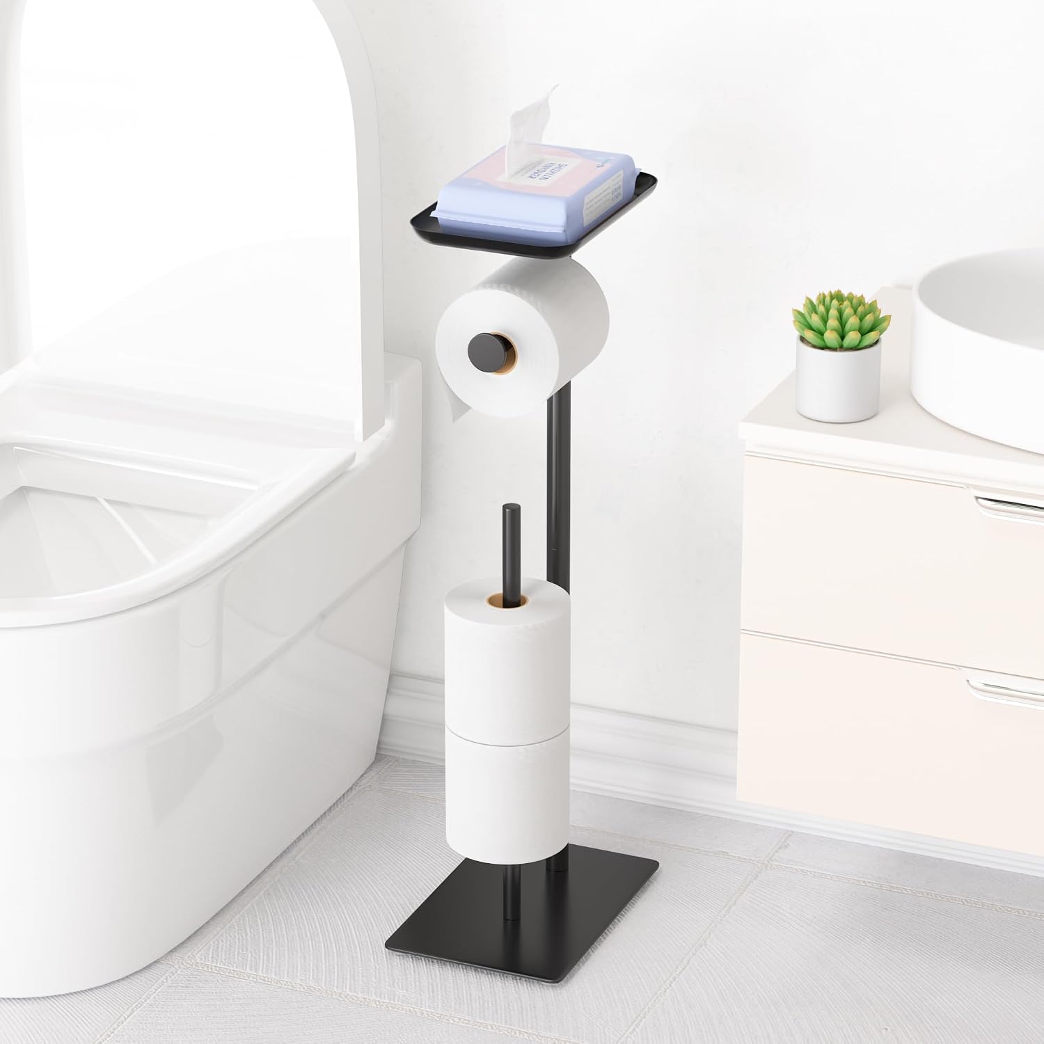 Thumbnail 1 de Free-Standing Stainless Steel Toilet Roll Holder with Top Shelf (holds 4 rolls)