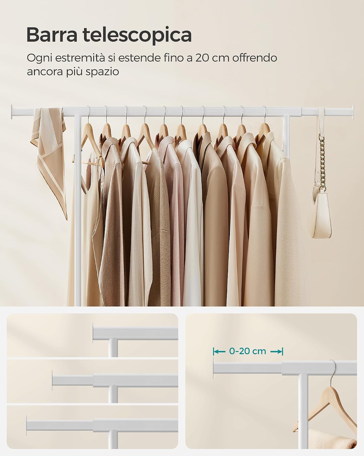 Thumbnail 5 de SONGMICS HSR013W01 stand appendiabiti con ruote e barre estensibili, portata totale 100 kg