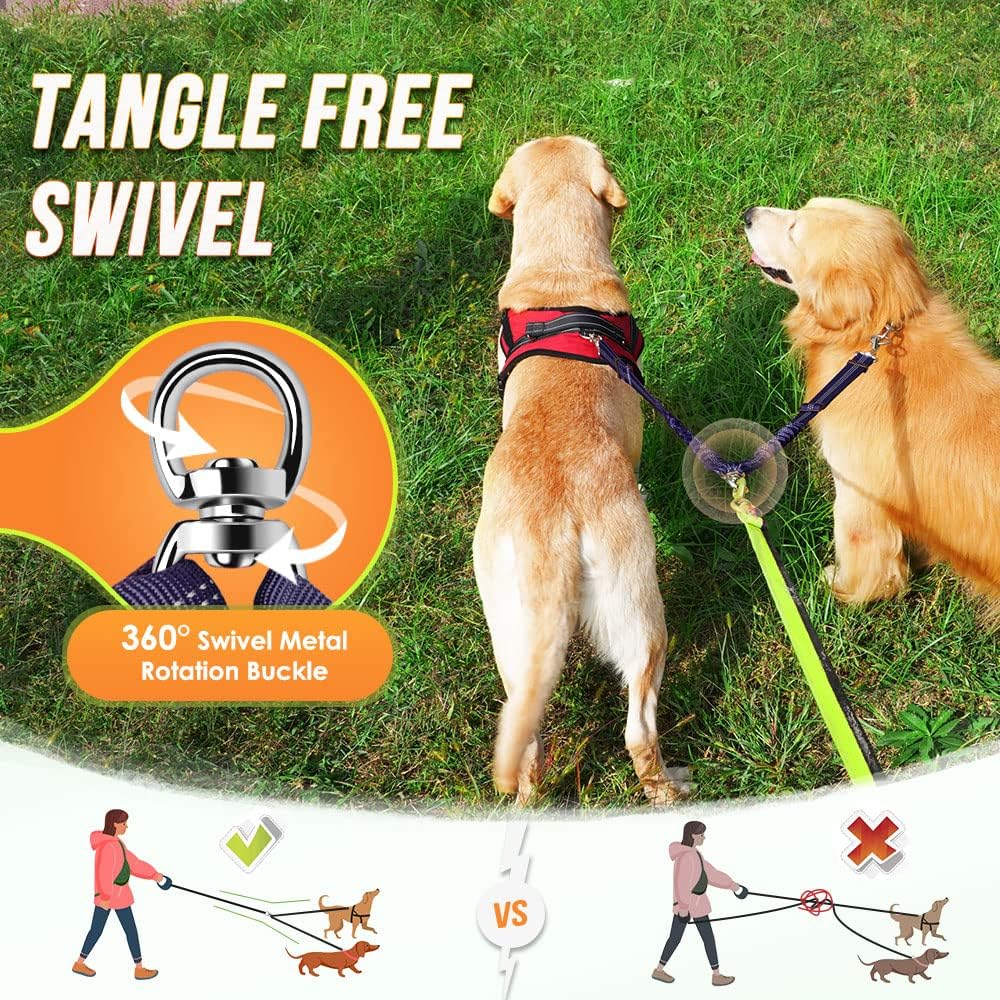 Detalle 2 de Nasjac Double Dog Lead Splitter: No-Tangle 360° Rotation, Adjustable Bungee Coupler for Walking Two Dogs