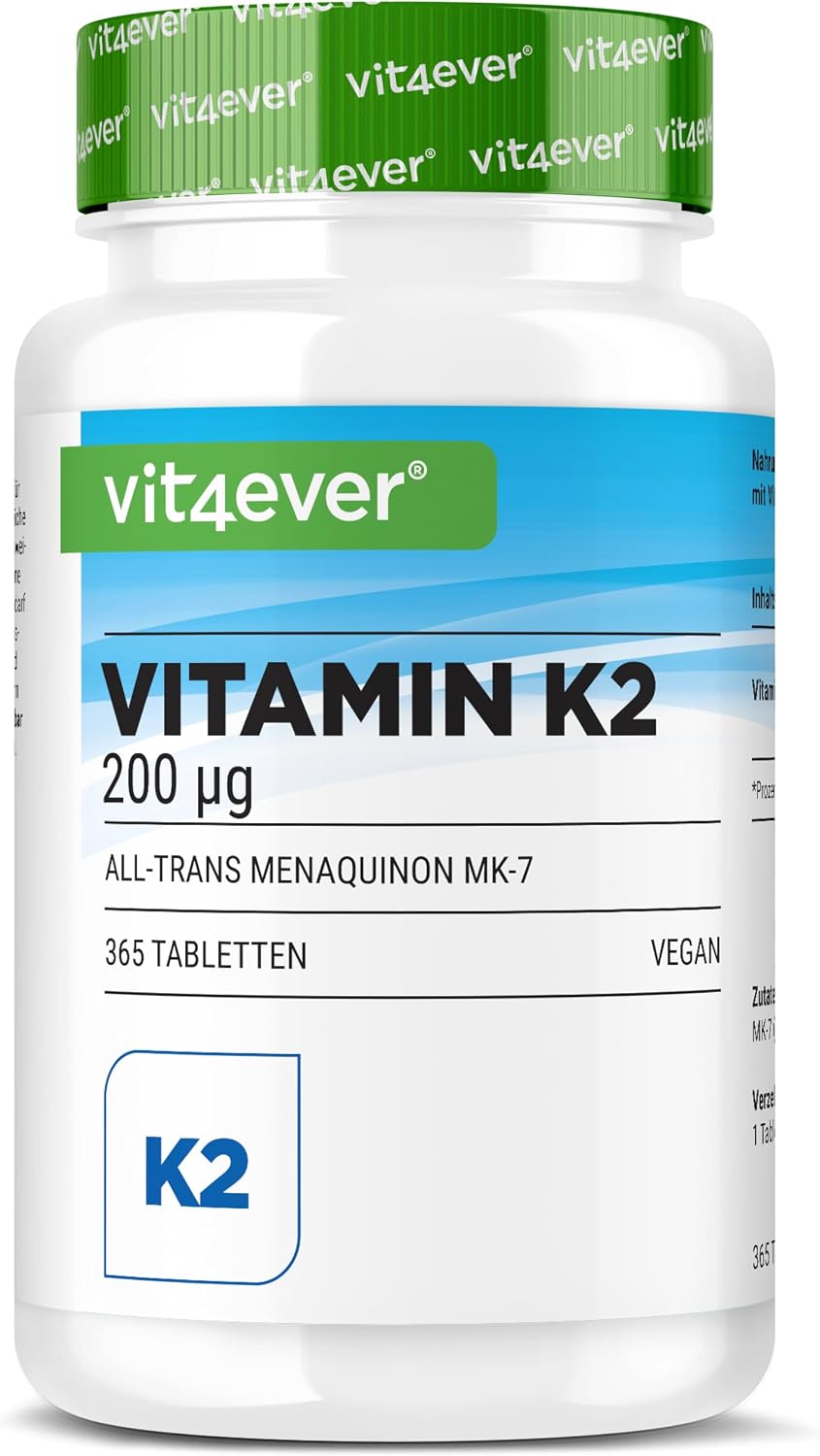 Imagen de Vit4ever Vitamine K2 MK7-365 – 200 µg de vitamine K2 (MK-7) par comprimé, 365 comprimés, végane en OfertitasTOP