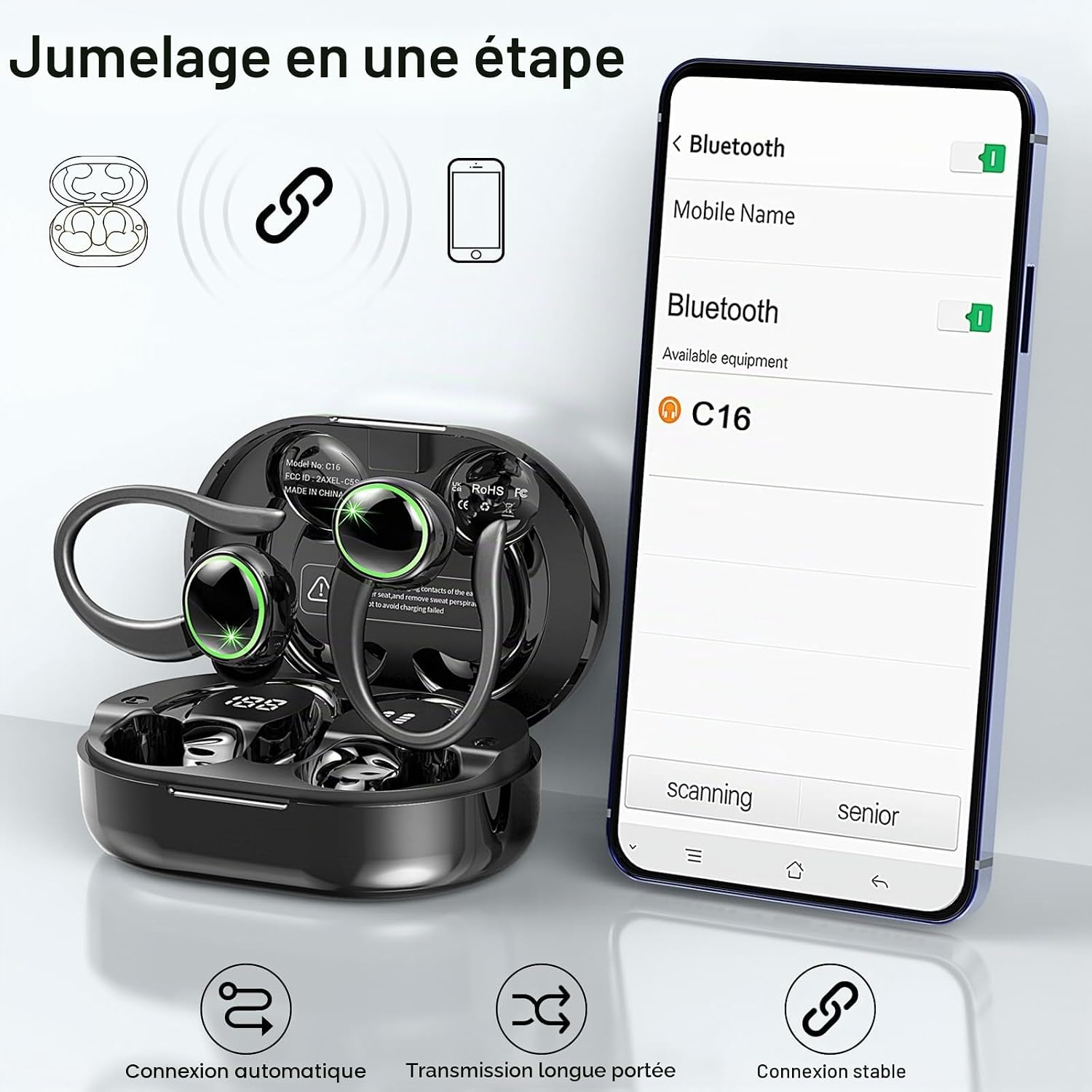 Detalle de Ecouteurs Bluetooth sans Fil Sport 2026 — HiFi, ANC ENC et IP7, 50 h d’autonomie