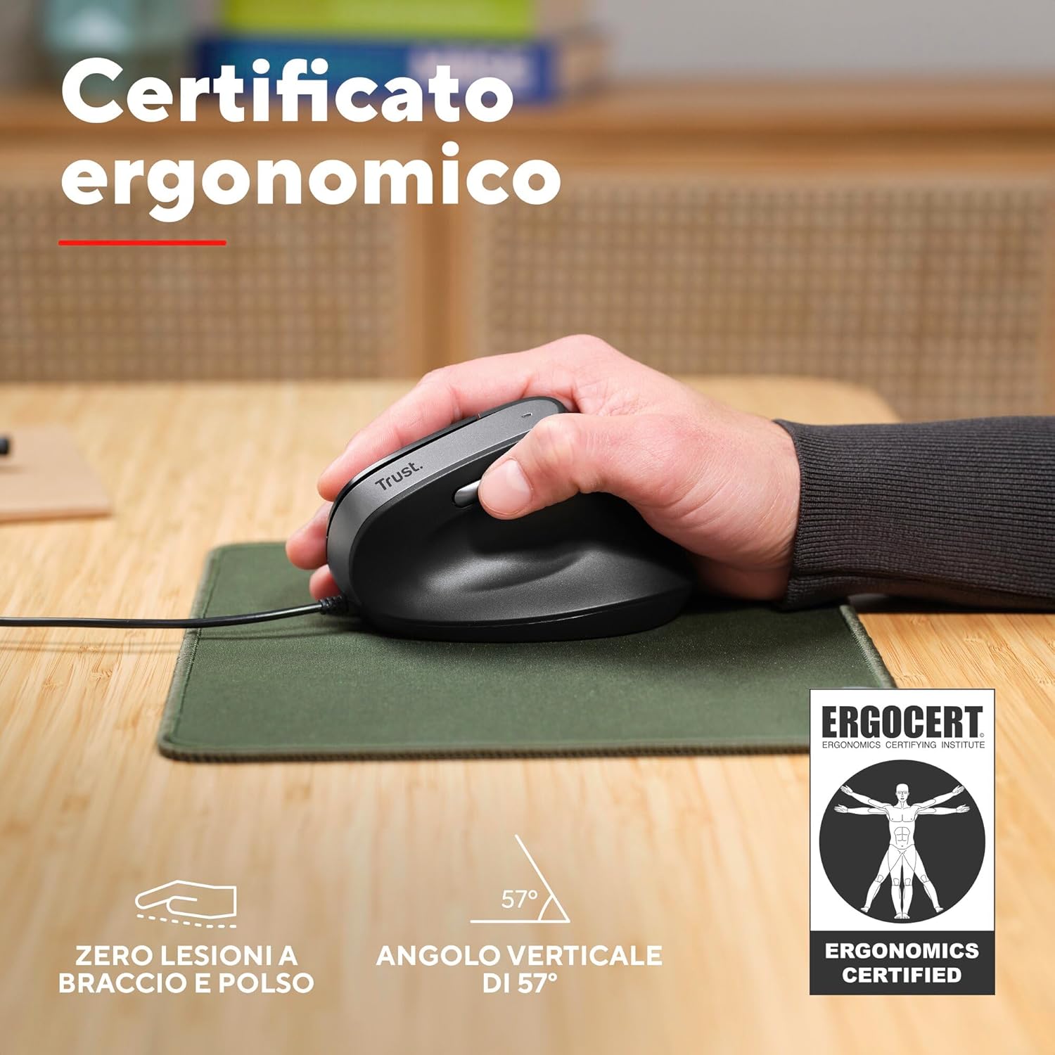 Thumbnail 2 de Trust Yuno mouse ergonomico verticale cablato per destrorsi con cavo USB 1,5 m e DPI regolabili 800-2400