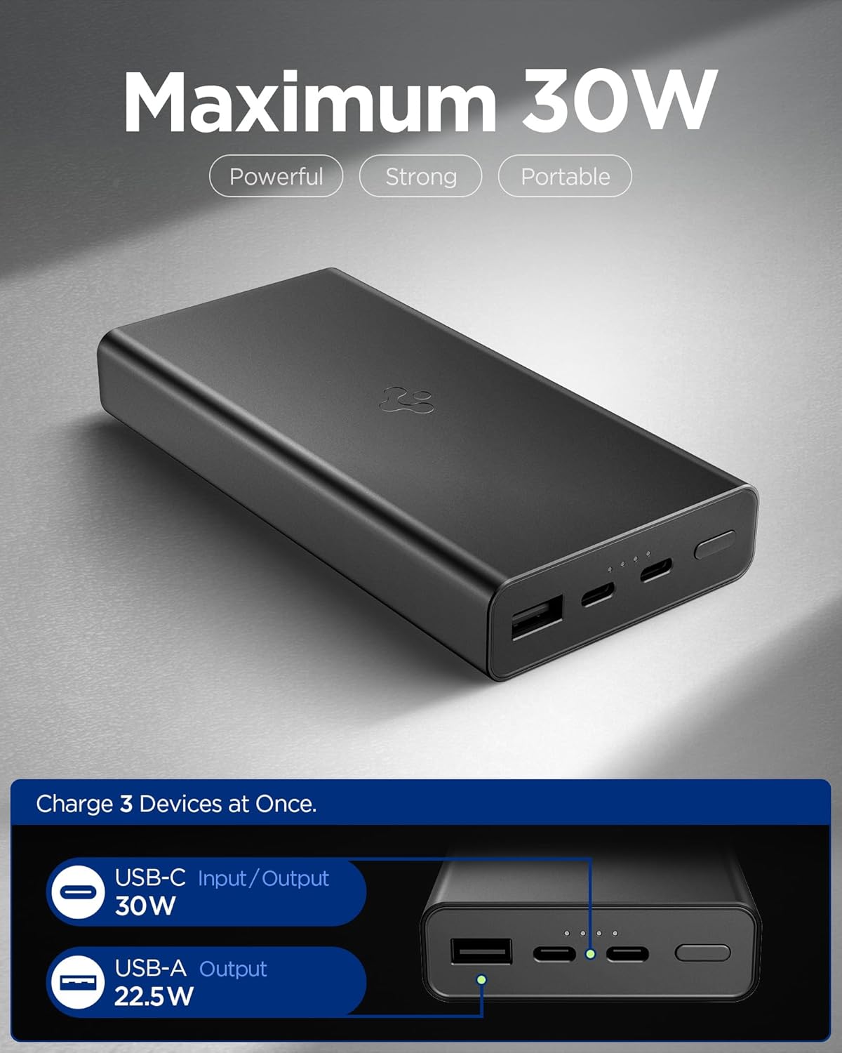 Thumbnail 1 de Spigen Essential Batterie Externe 20000 mAh 30W – Power Bank 3 ports (2 USB-C + 1 USB-A) en aluminium noir