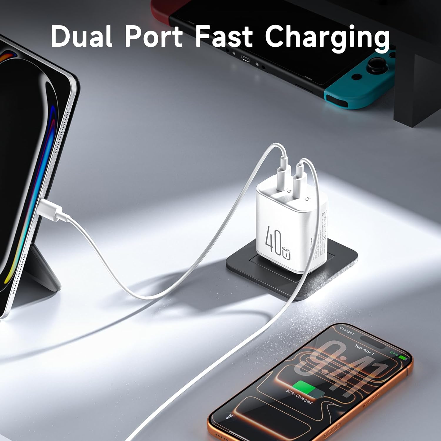 Thumbnail 2 de ViSSKO caricatore USB-C doppia porta 40W per iPhone 17 Pro Max e iPad, con 2 cavi USB-C intrecciati da 1,8 m