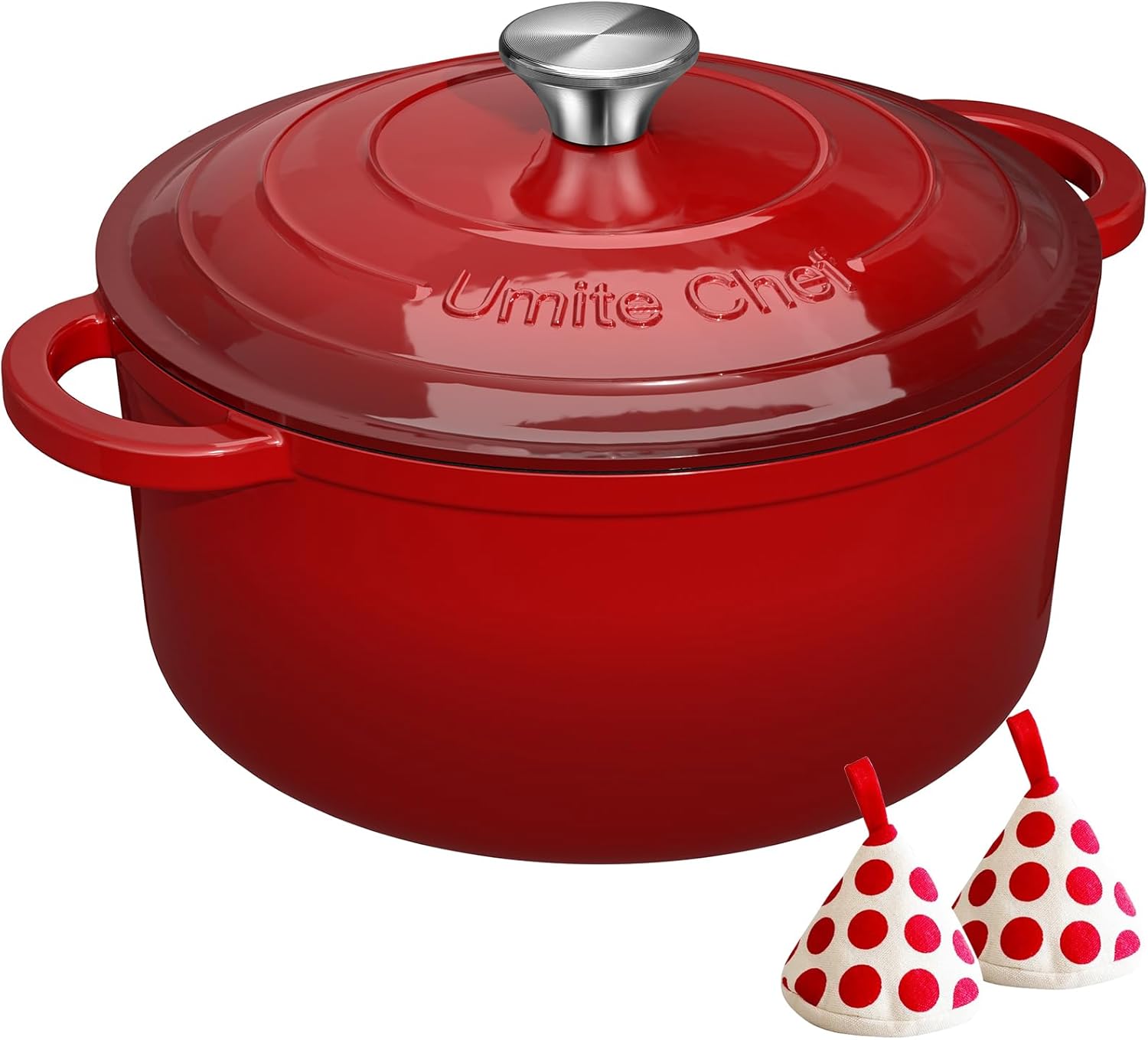 Detalle de Umite Chef 5QT Enameled Cast Iron Dutch Oven with Lid & Cotton Potholders (Red)