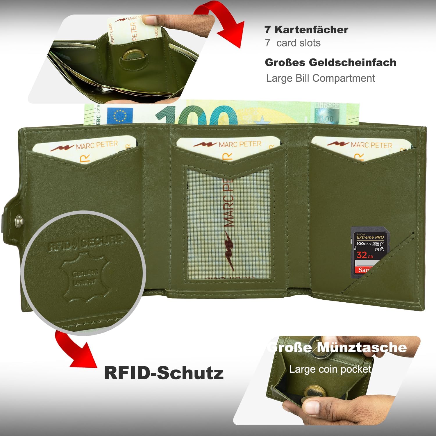 Detalle 2 de Marc Peter Jupiter Airtag Echtleder Geldbörse mit XL-Münzfach – kleines AirTag-Portemonnaie für Herren in Grün