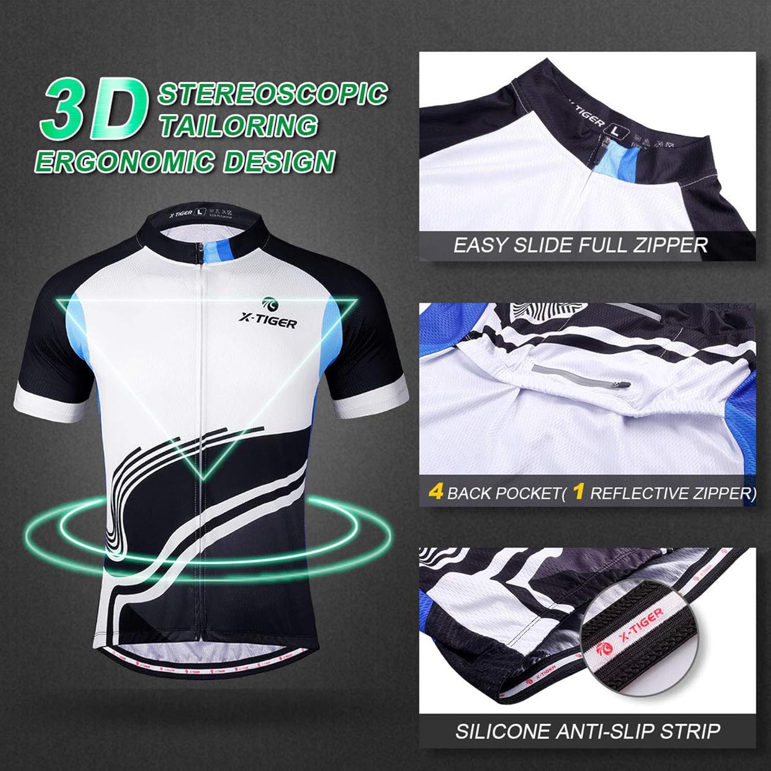 Thumbnail 4 de X-TIGER Maglia da ciclismo uomo traspirante, con 3 tasche posteriori e inserti riflettenti