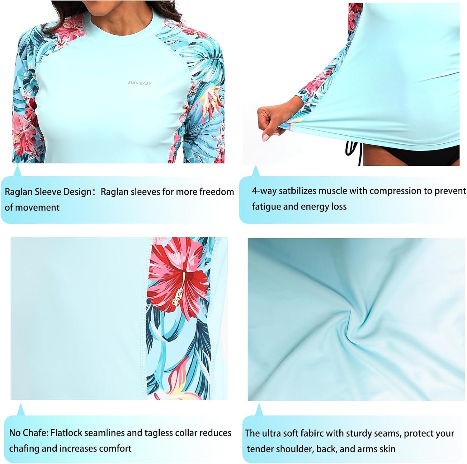 Detalle de SURFEASY Damen Langarm Rash Guard – UV-Schutz, schnelltrocknend und langlebig