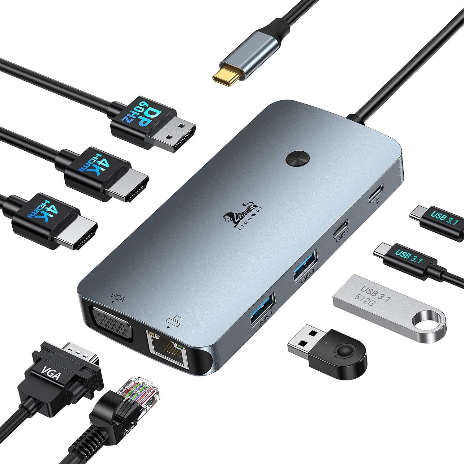 Detalle de LIONWEI 9-in-1 USB-C Docking Station with Dual 4K HDMI, DP, VGA and 100W PD