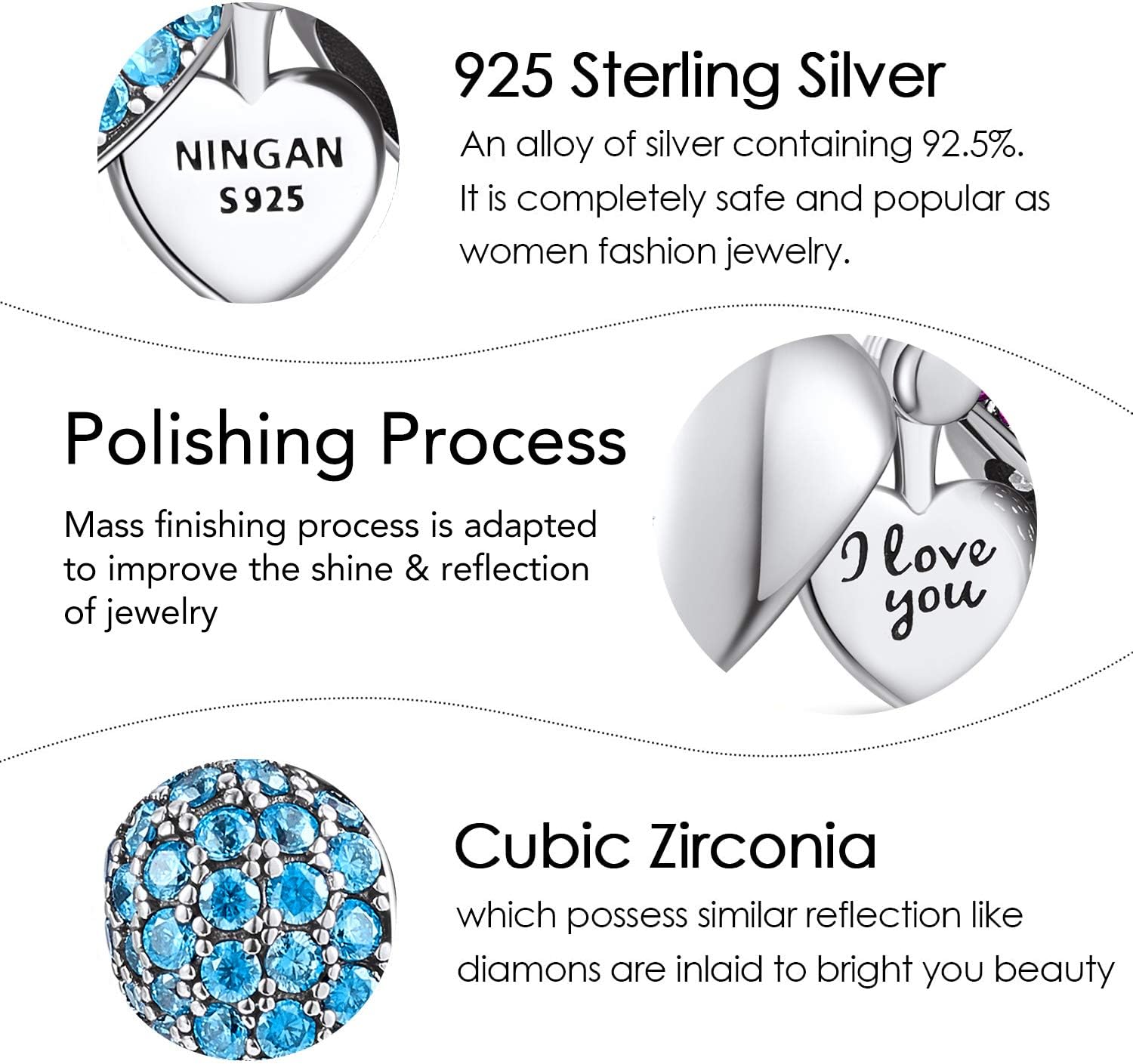 Thumbnail 3 de NINGAN Herz Charm-Anhänger 'I Love You' aus 925er Sterling Silber – Charm Bead für europäische Armbänder und Halsketten