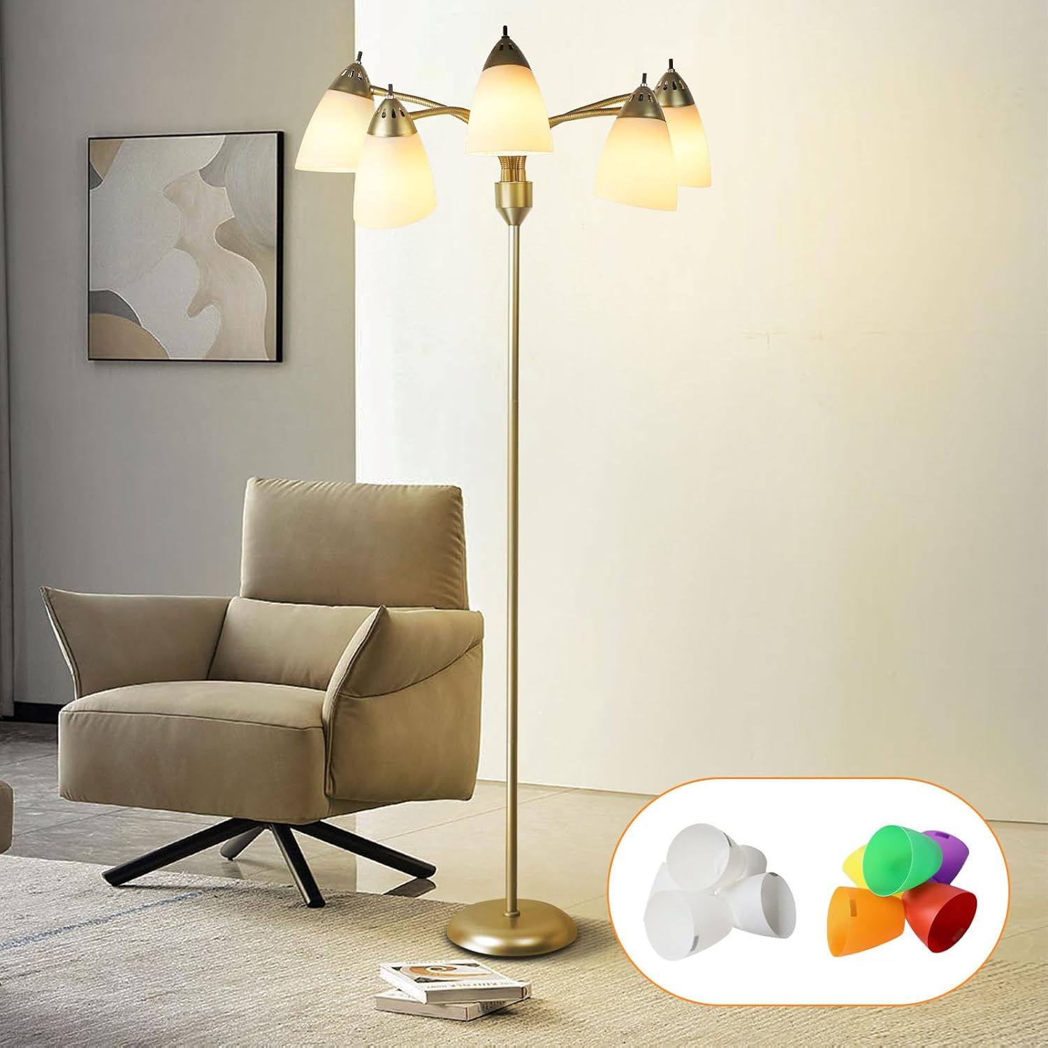 Detalle de 5 Way LED Floor Lamp | Modern Gold Tree with 10 Shades (5 White, 5 Colourful)